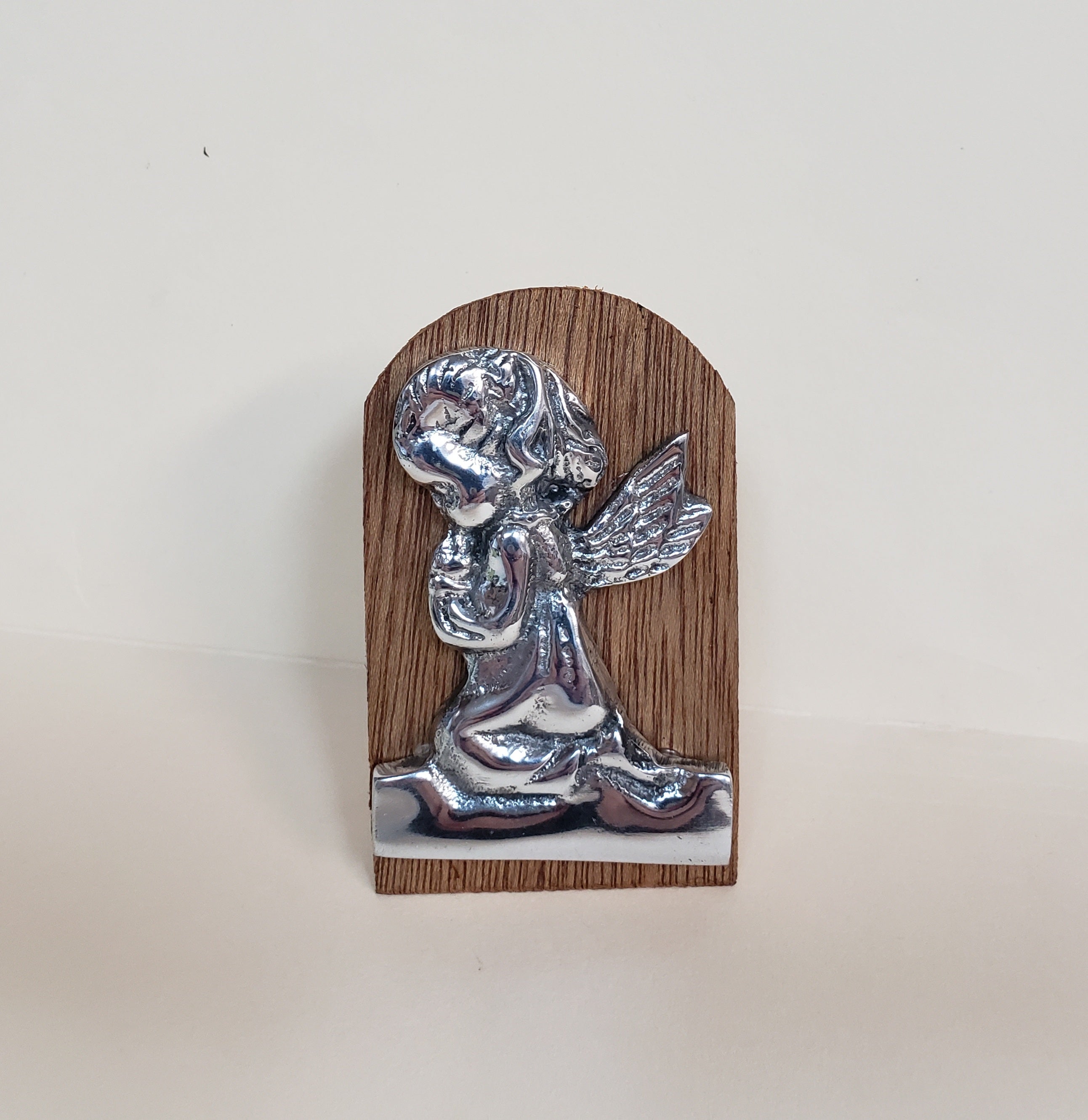 Child Praying Pewter Figurine on Wood Stand