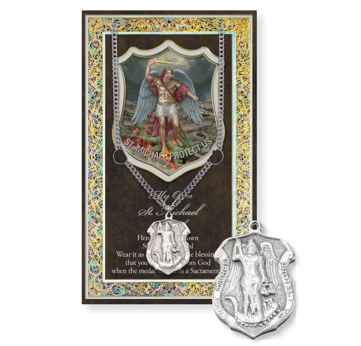 Saint Michael Police Shield Genuine Pewter Medal on a 24" Chain with Biography and Picture Folder