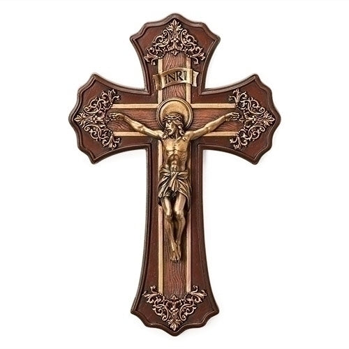 Roman 10.25 Victorian Style Oak and Antique Gold Finish Crucifix Wall Cross