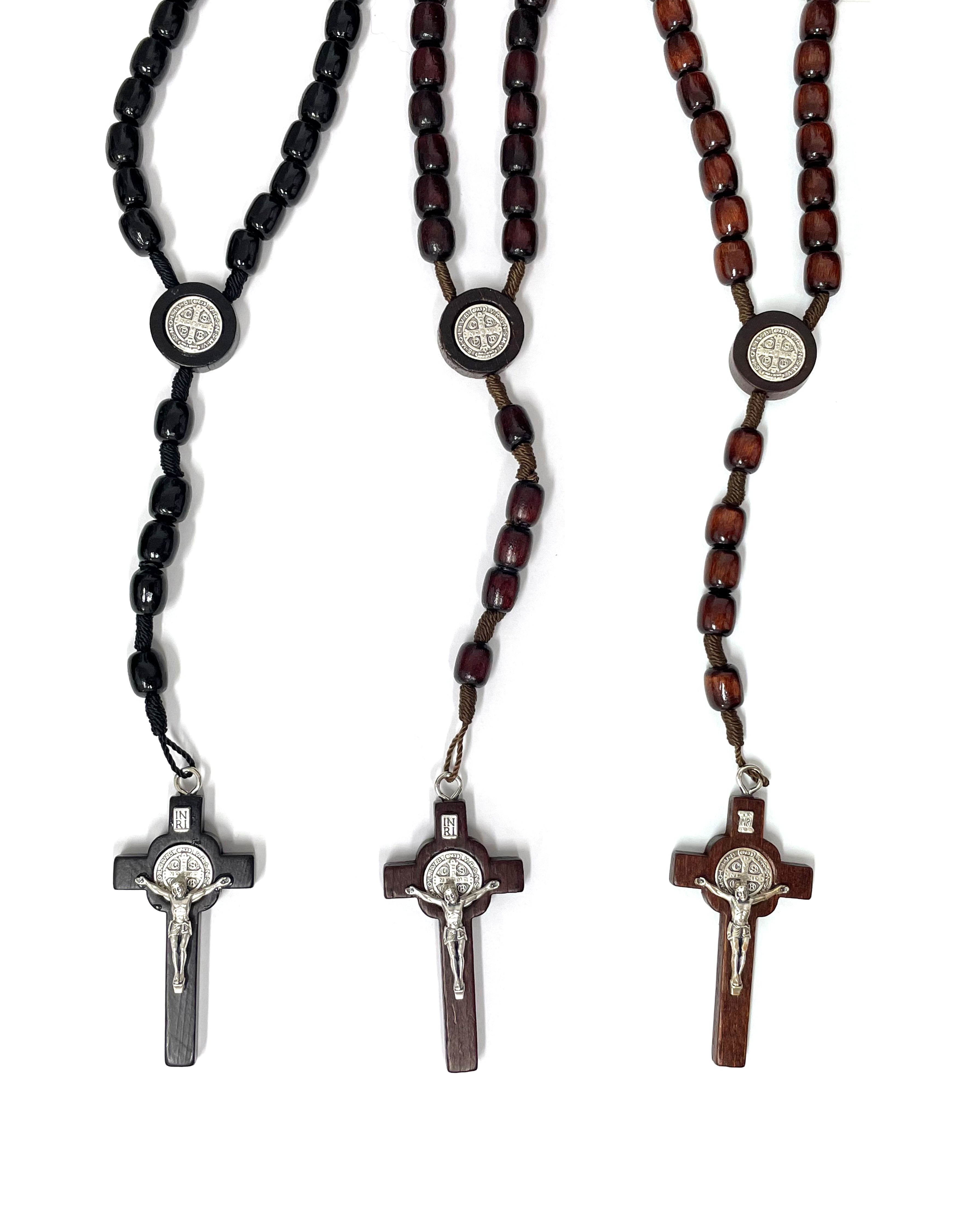 Saint Benedict wooden beads and cord rosary made Italy