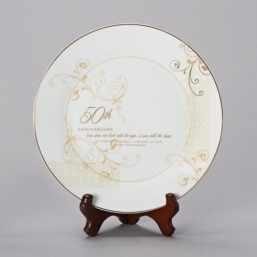 50th Wedding Anniversary Love Sees with the Heart Porcelain Plate with Stand by Roman