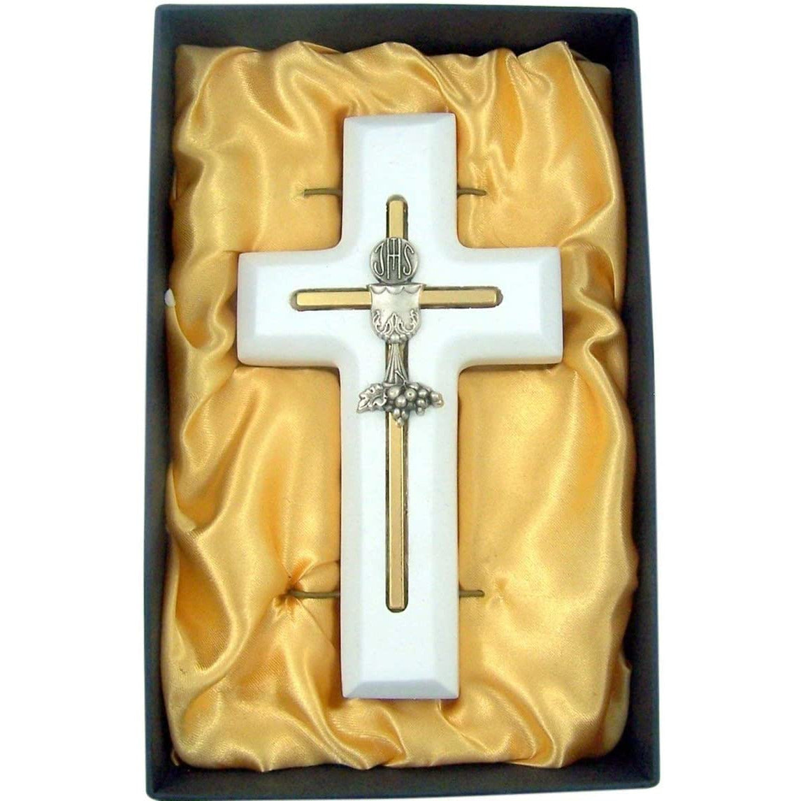 First Communion Cross Wooden with Inlay Chalice and Host, 5 Inch