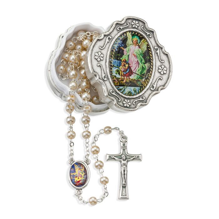 White Glass Bead Guardian Angel Rosary in a Metal Box