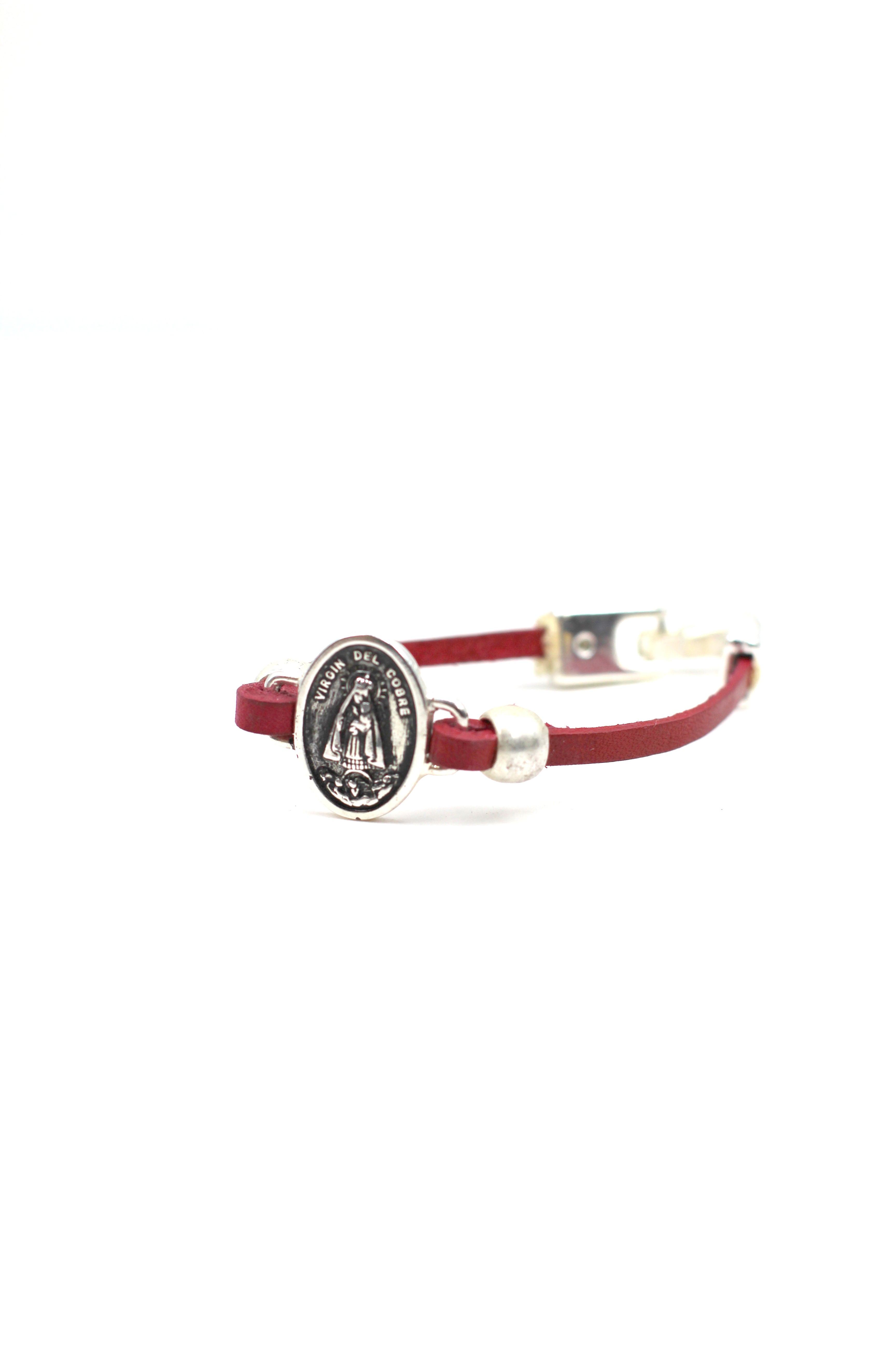 Bracelet of La Caridad del Cobre / Our Lady of Charity handmade jewelry with a Single Leather Strap by Graciela's Collection