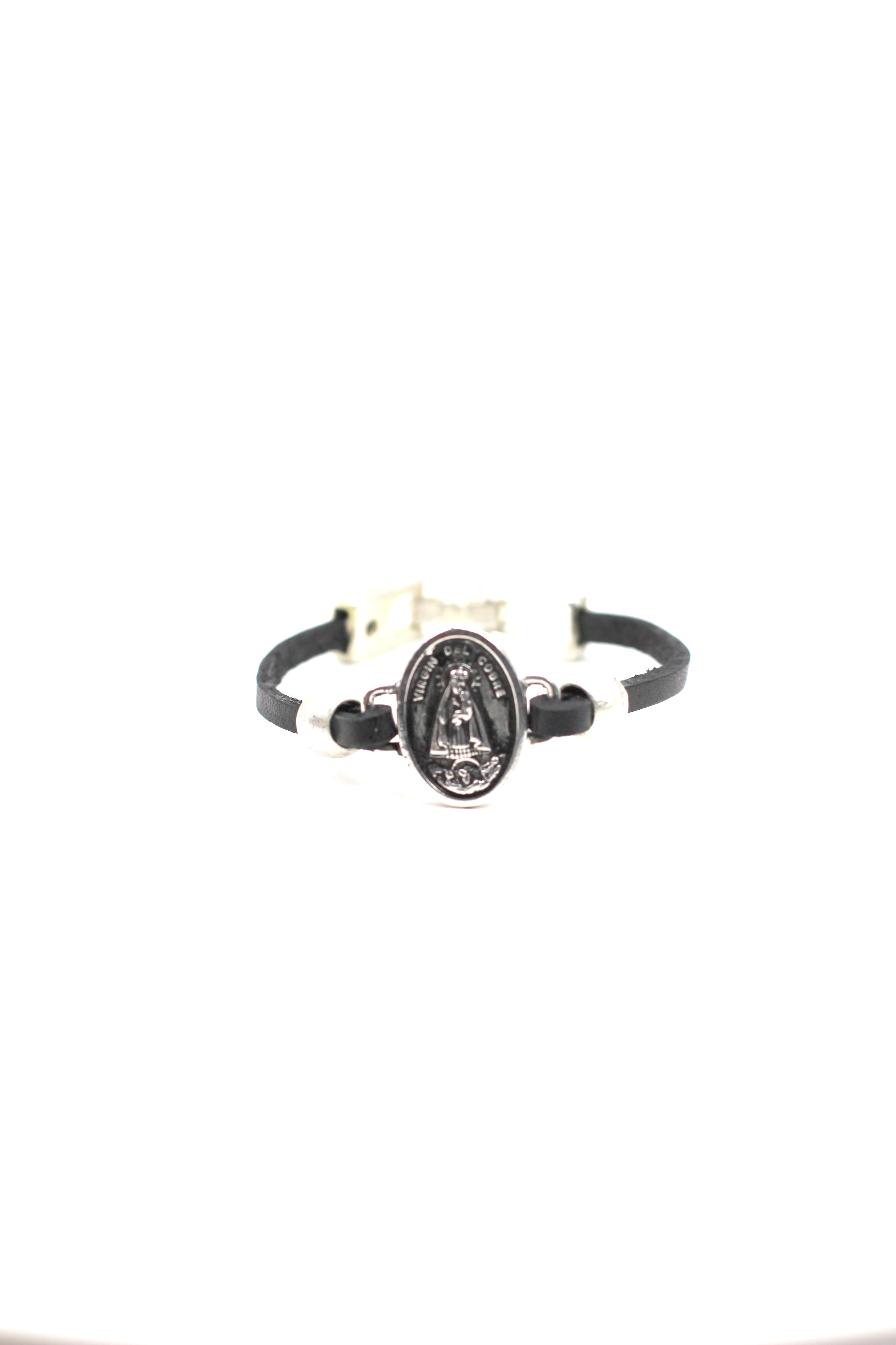 Bracelet of La Caridad del Cobre / Our Lady of Charity handmade jewelry with a Single Leather Strap by Graciela's Collection