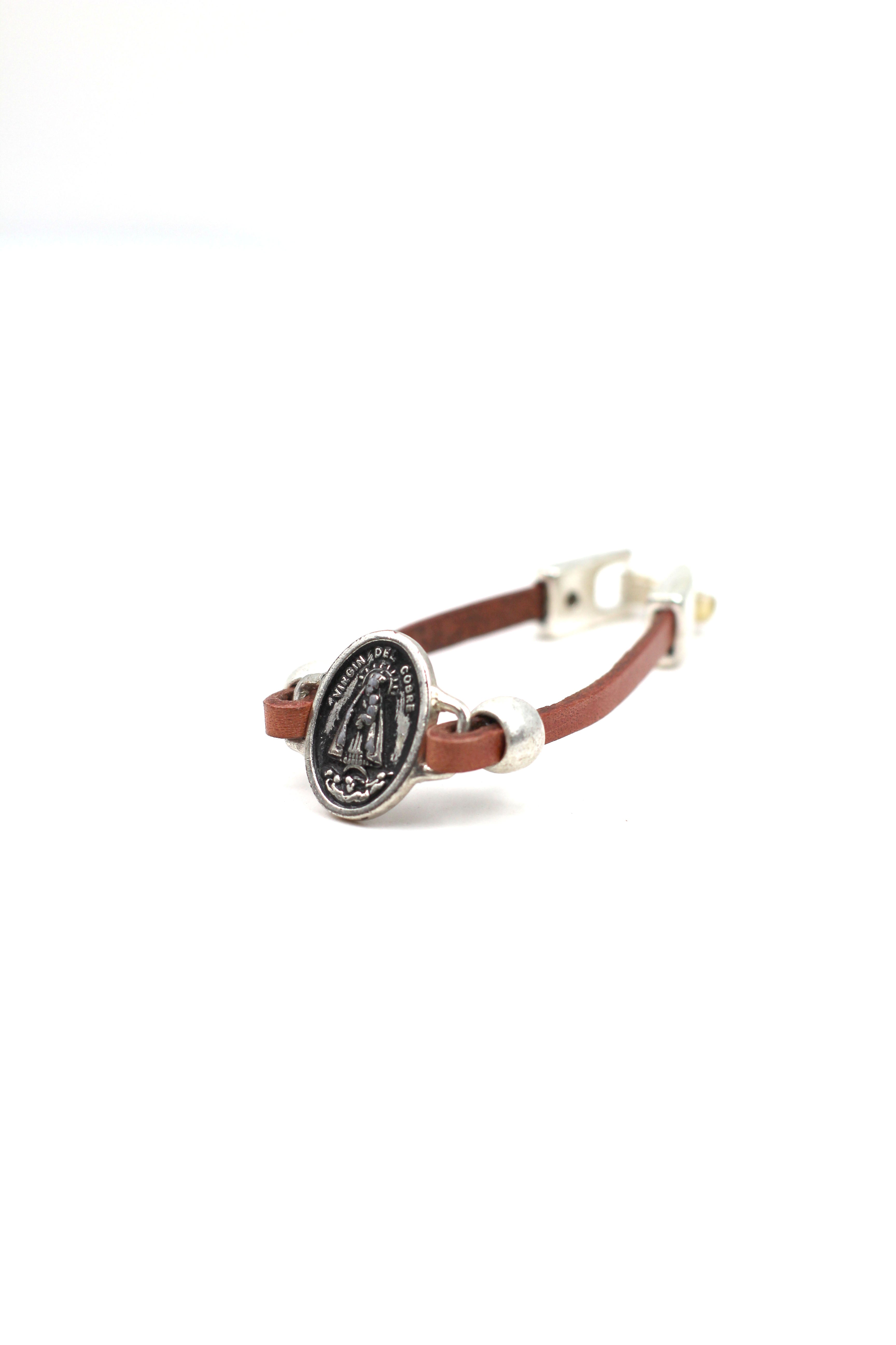 Bracelet of La Caridad del Cobre / Our Lady of Charity handmade jewelry with a Single Leather Strap by Graciela's Collection