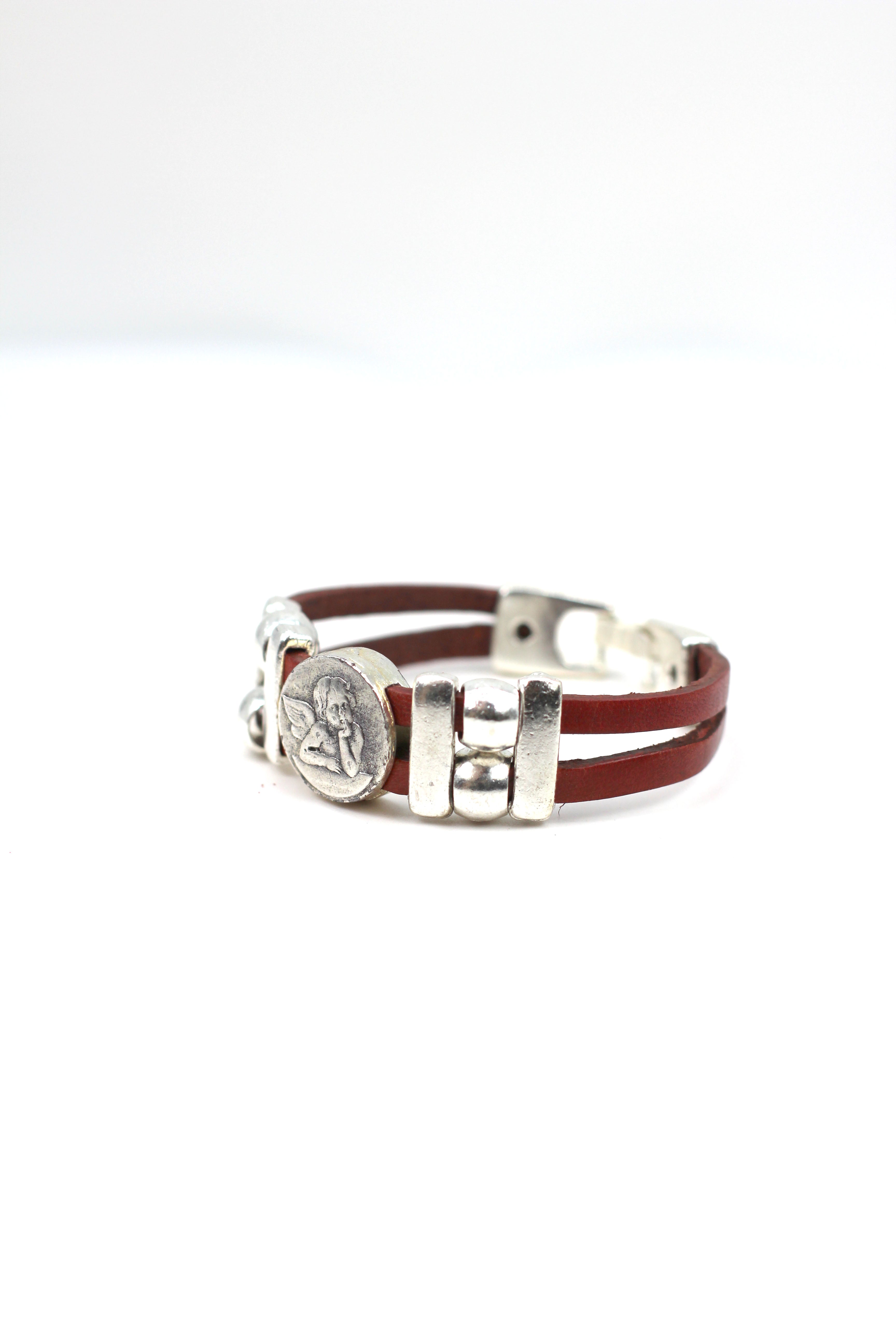 Bracelet of The Guardian Angel  handmade jewelry with Double Leather Straps by Graciela's Collection