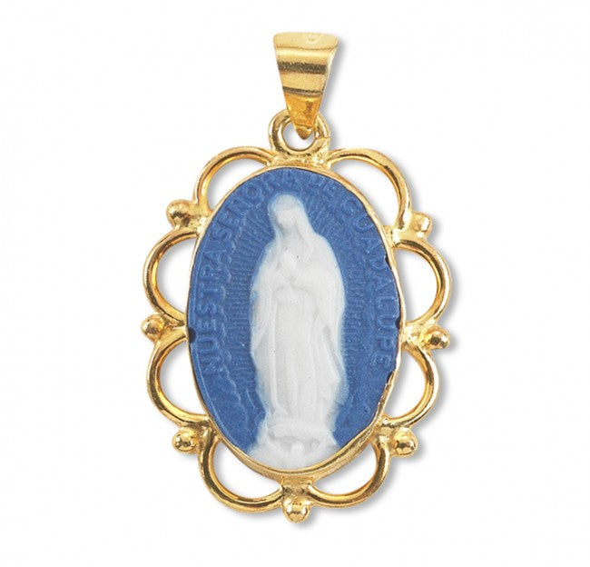 Dark Blue Gold Over Sterling Silver Our Lady of Guadalupe Cameo Medal