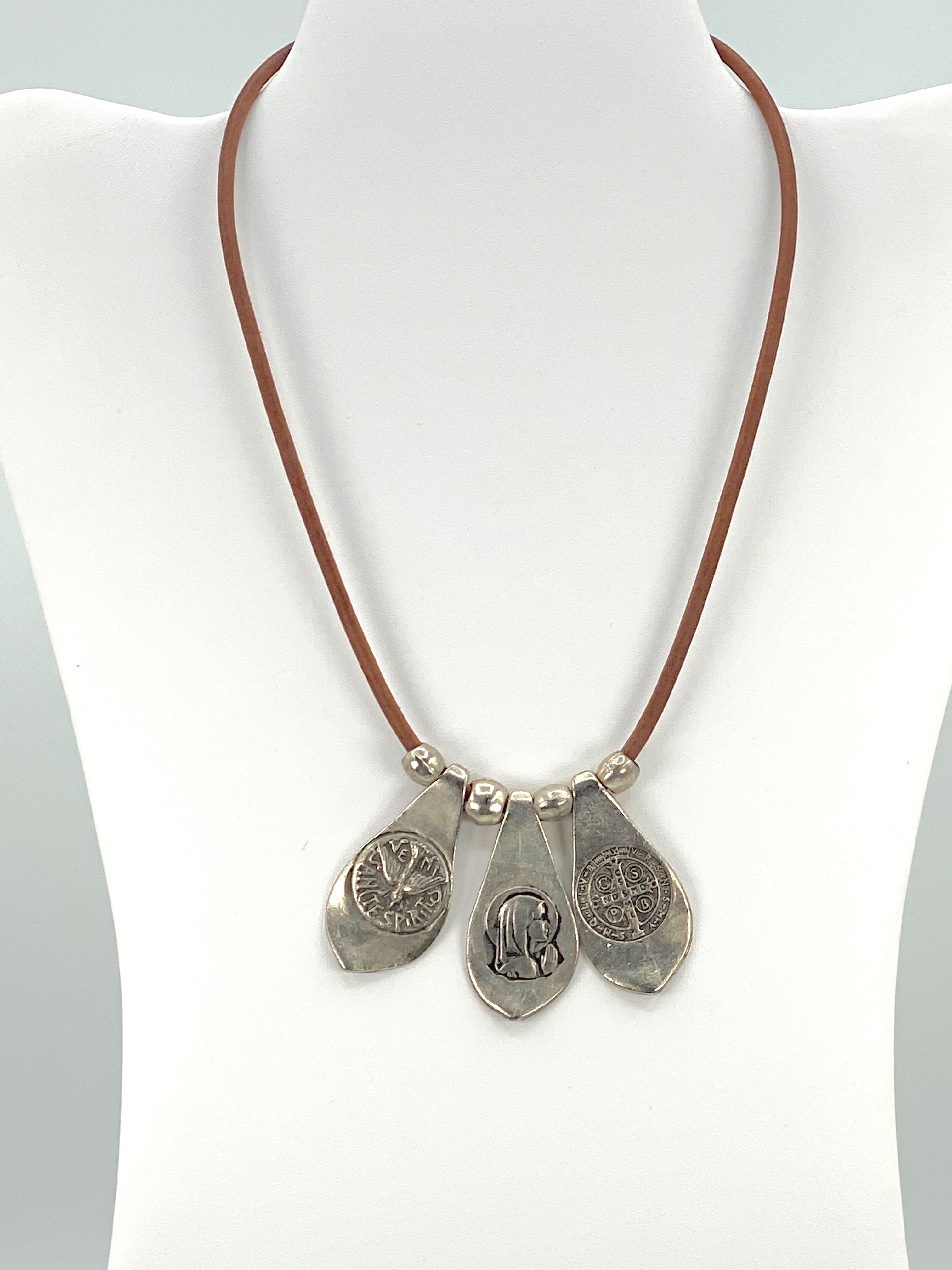 Vintage Necklace of The Virgin Mary, St Benedict, and the Holy Spirit.  Handmade Jewelry by Graciela's Collection