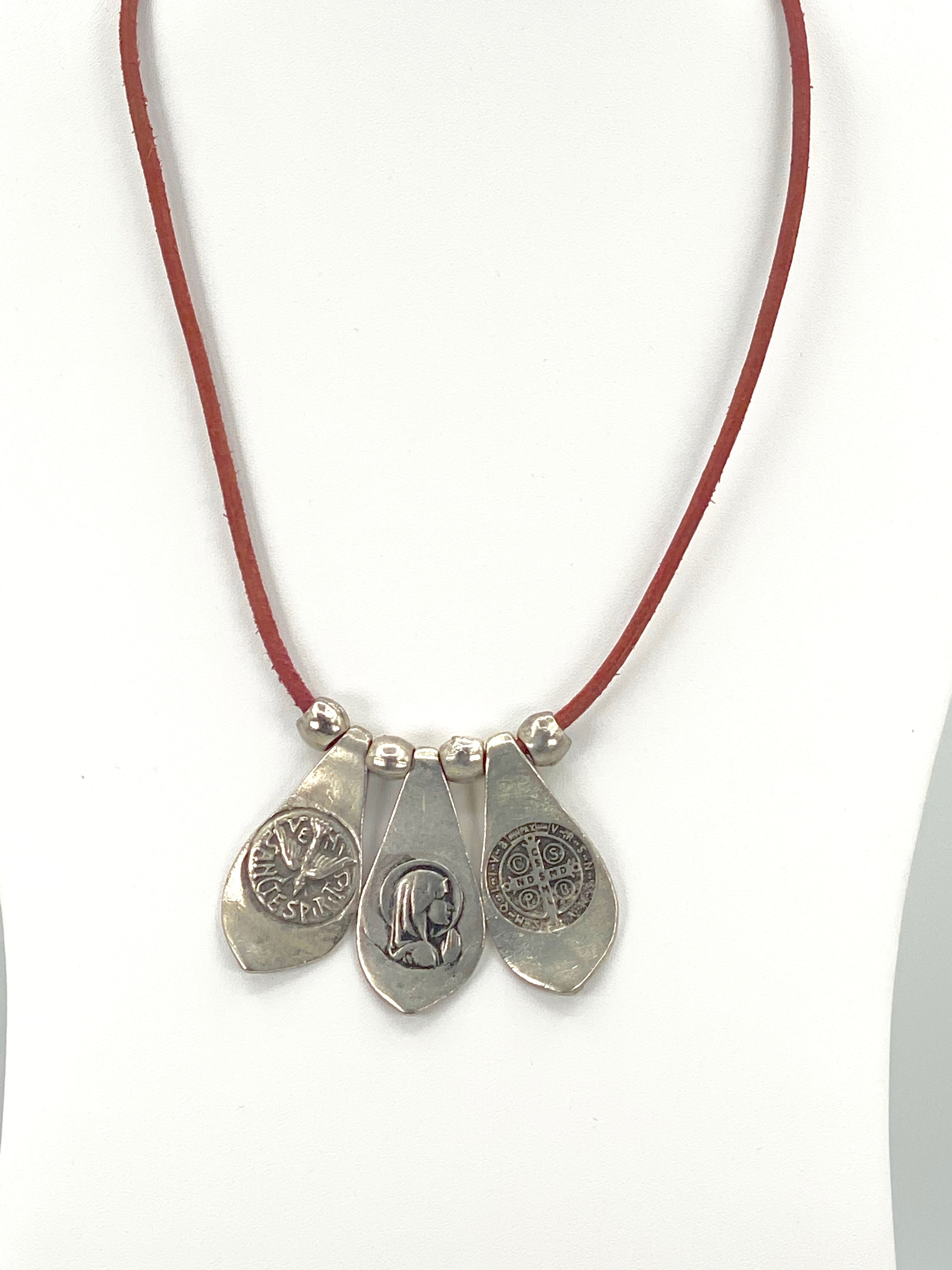 Vintage Necklace of The Virgin Mary, St Benedict, and the Holy Spirit.  Handmade Jewelry by Graciela's Collection