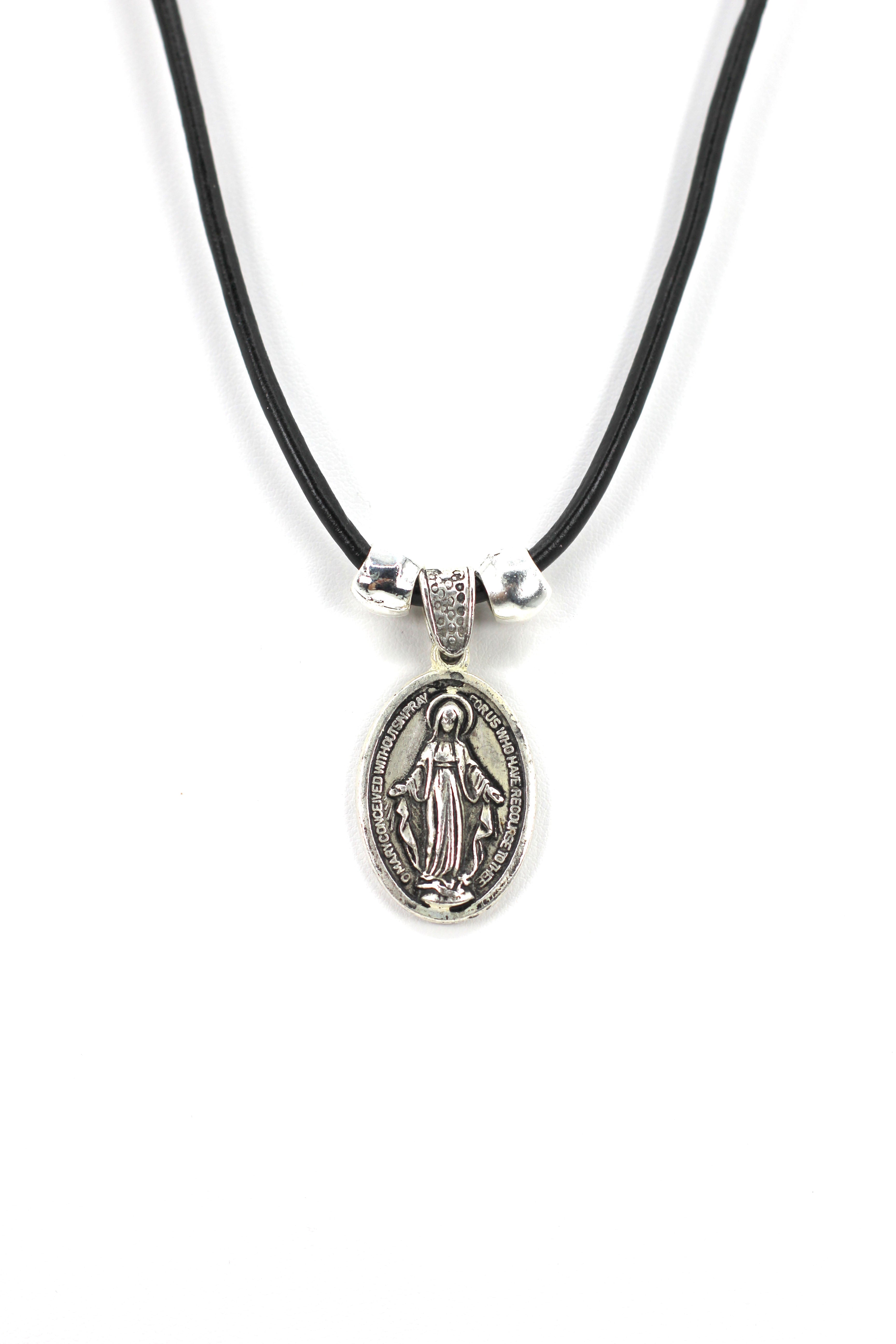 Vintage Necklace of The Miraculous Virgen Mary Handmade Oval Shape  Jewelry with Genuine Leather strap by Graciela's Collection