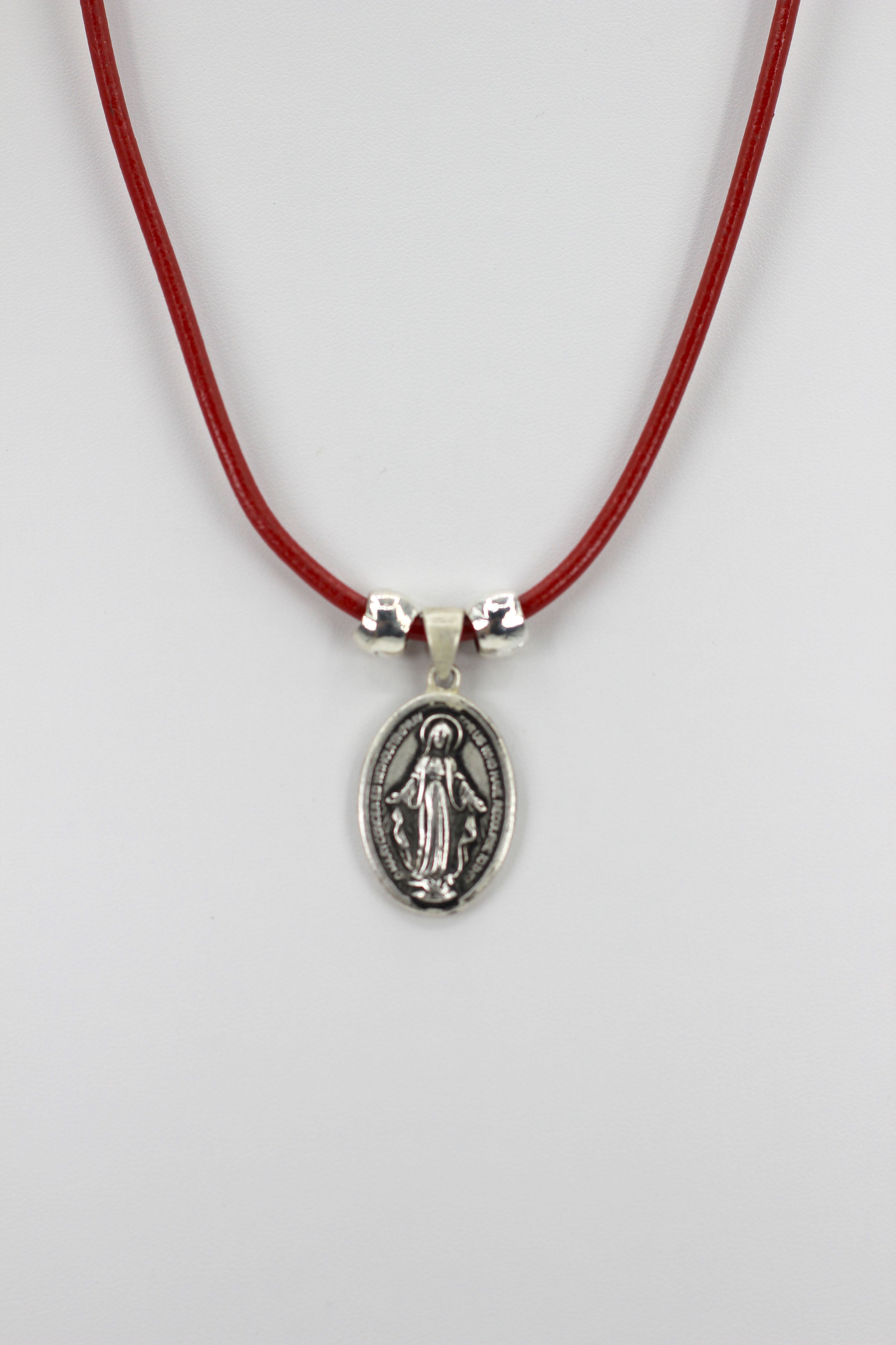 Vintage Necklace of The Miraculous Virgen Mary Handmade Oval Shape  Jewelry with Genuine Leather strap by Graciela's Collection