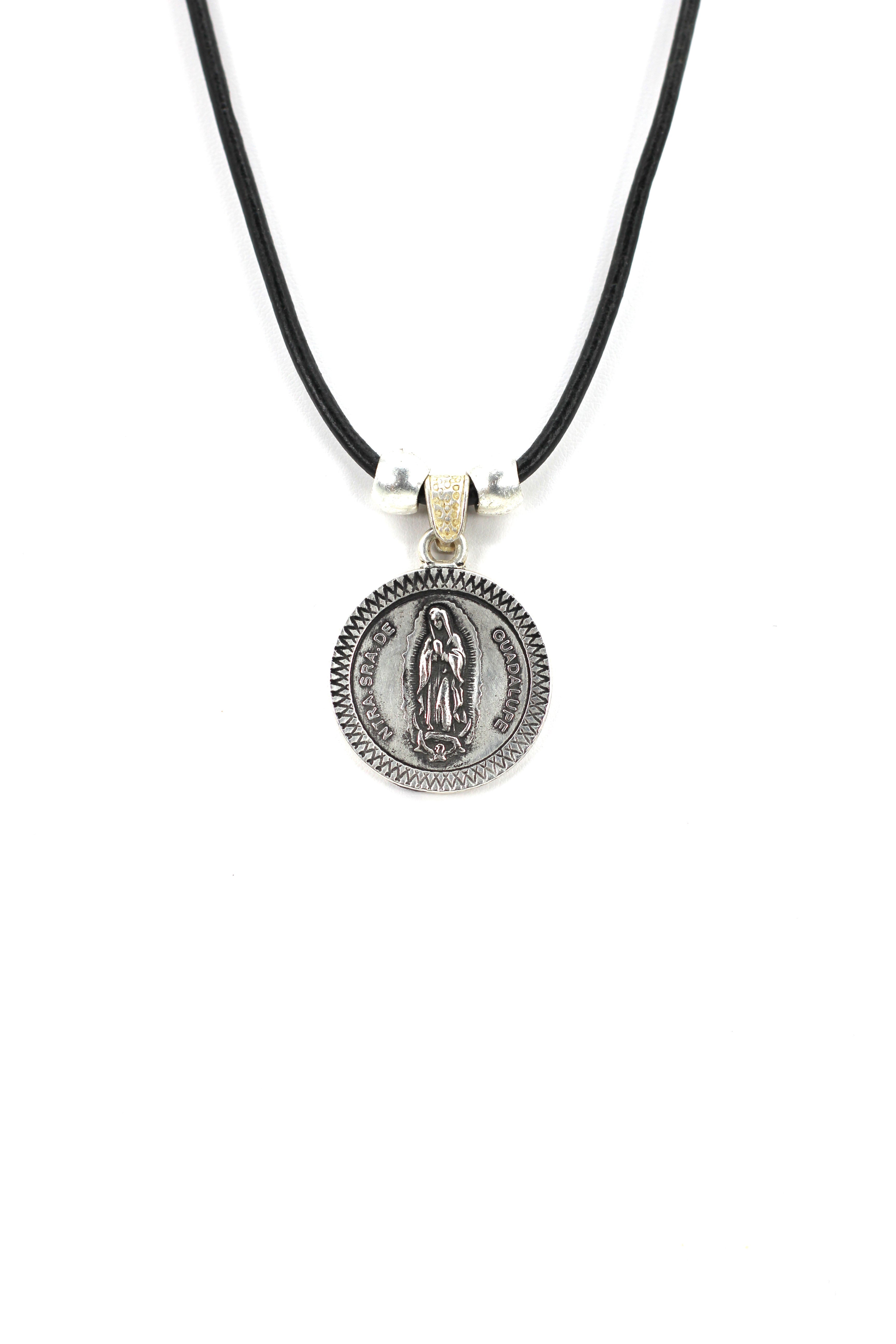 Vintage Medallion Necklace of Our Lady Of Guadalupe - Nuestra Sra de Guadalupe Jewelry with Genuine Leather strap by Graciela's Collection