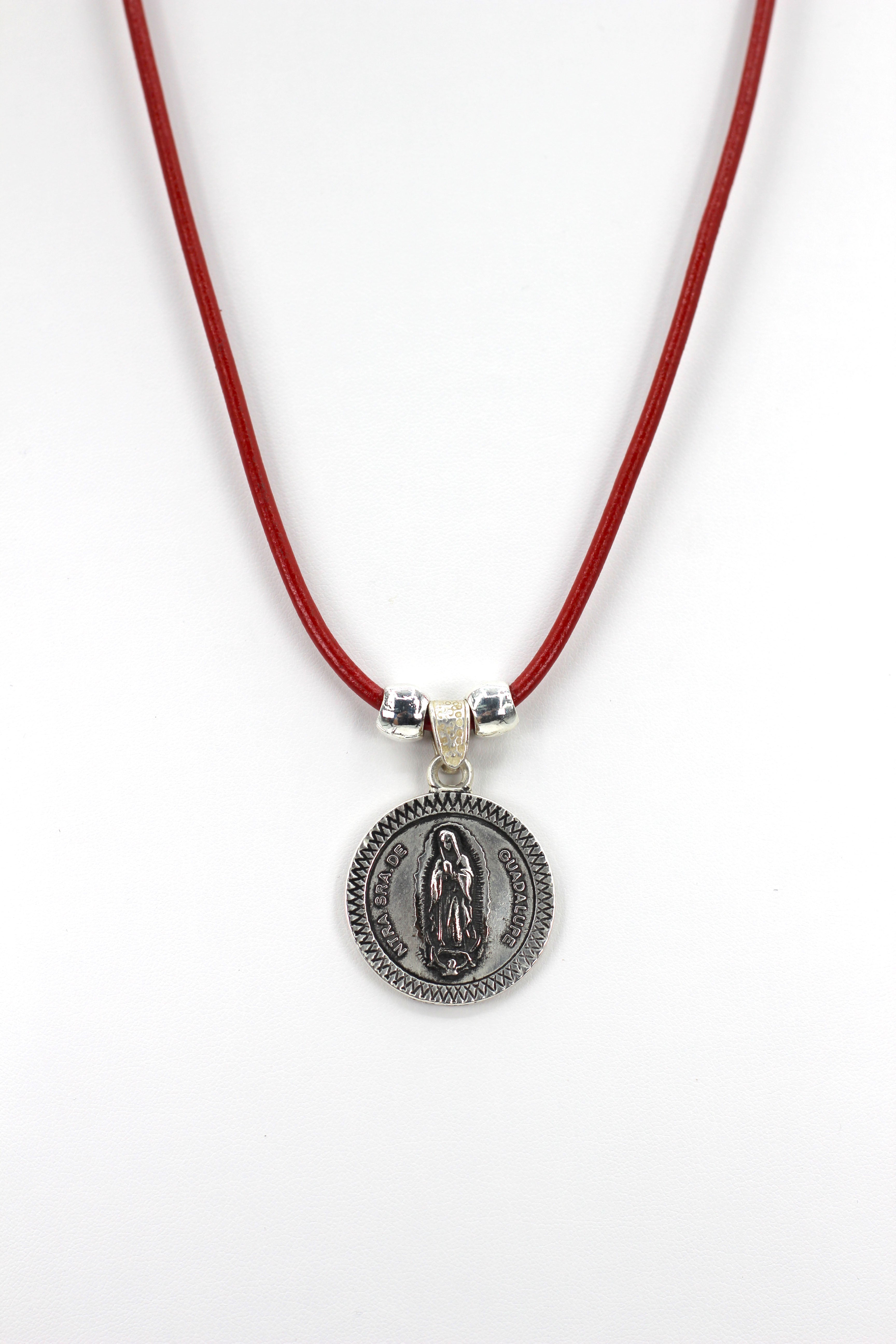 Vintage Medallion Necklace of Our Lady Of Guadalupe - Nuestra Sra de Guadalupe Jewelry with Genuine Leather strap by Graciela's Collection