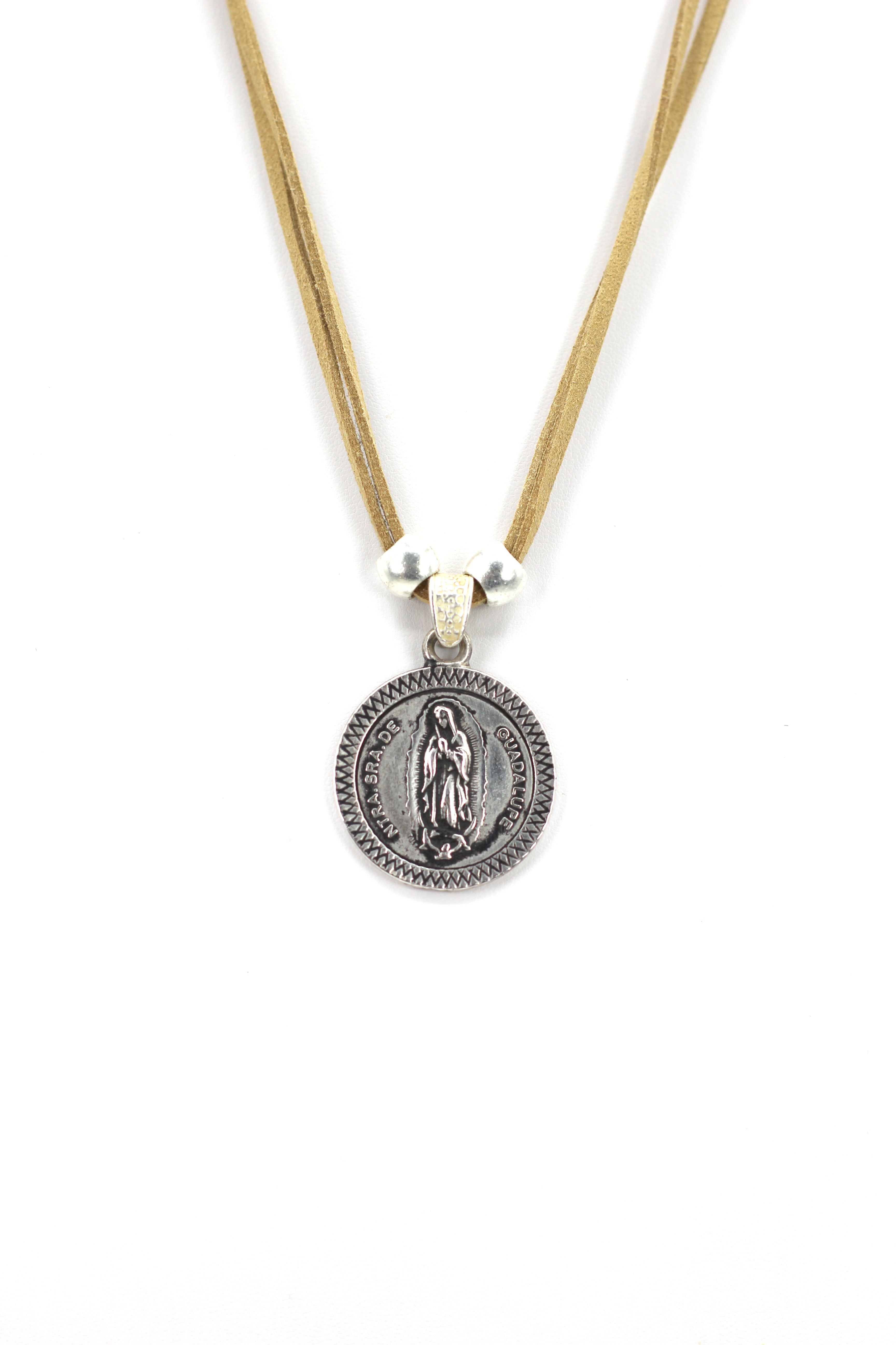 Vintage Medallion Necklace of Our Lady Of Guadalupe - Nuestra Sra de Guadalupe Jewelry with Genuine Leather strap by Graciela's Collection