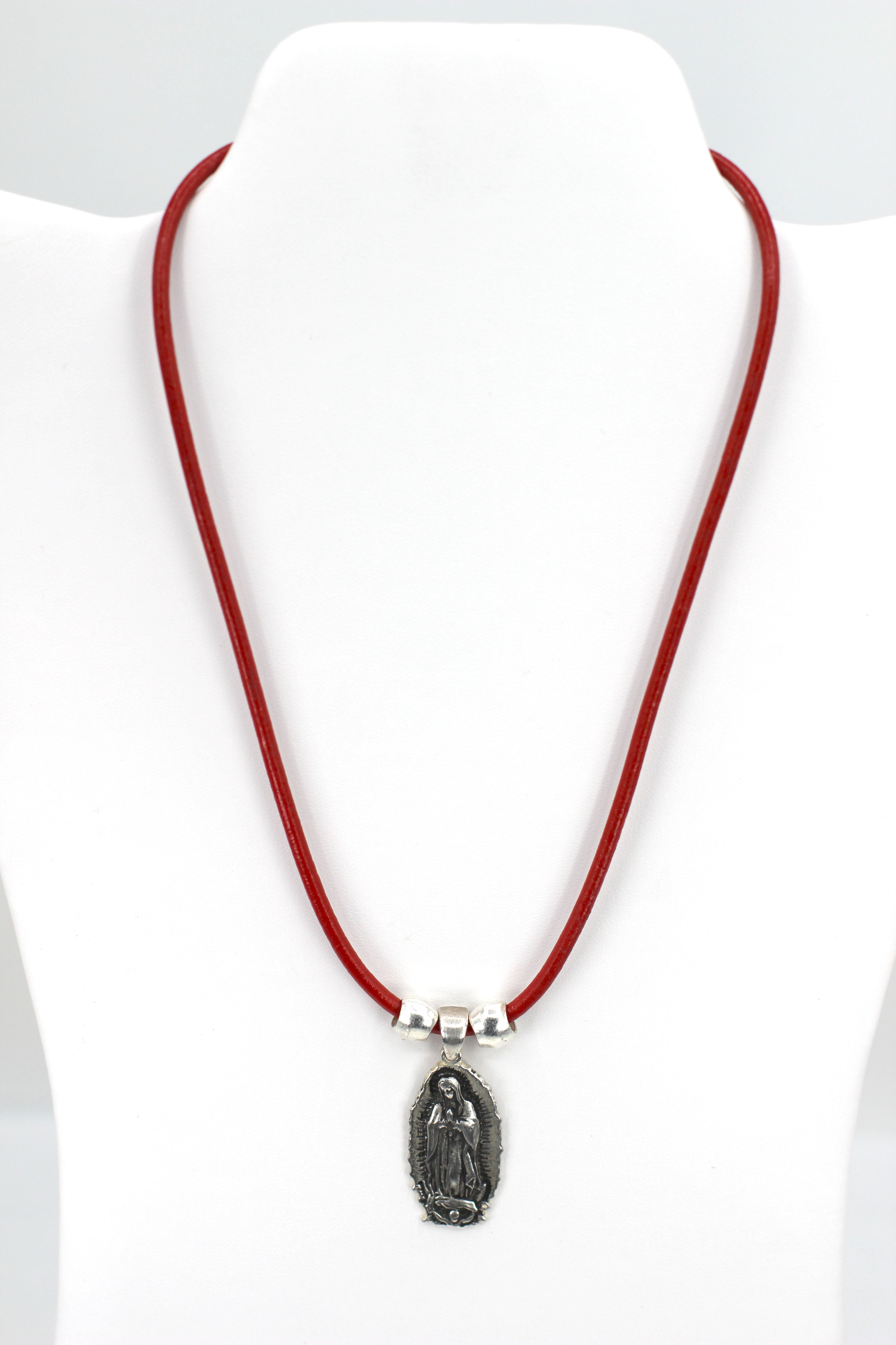 Vintage Necklace of Our Lady Of Guadalupe - Nuestra Sra de Guadalupe Oval Shape Jewelry with Genuine Leather strap by Graciela's Collection