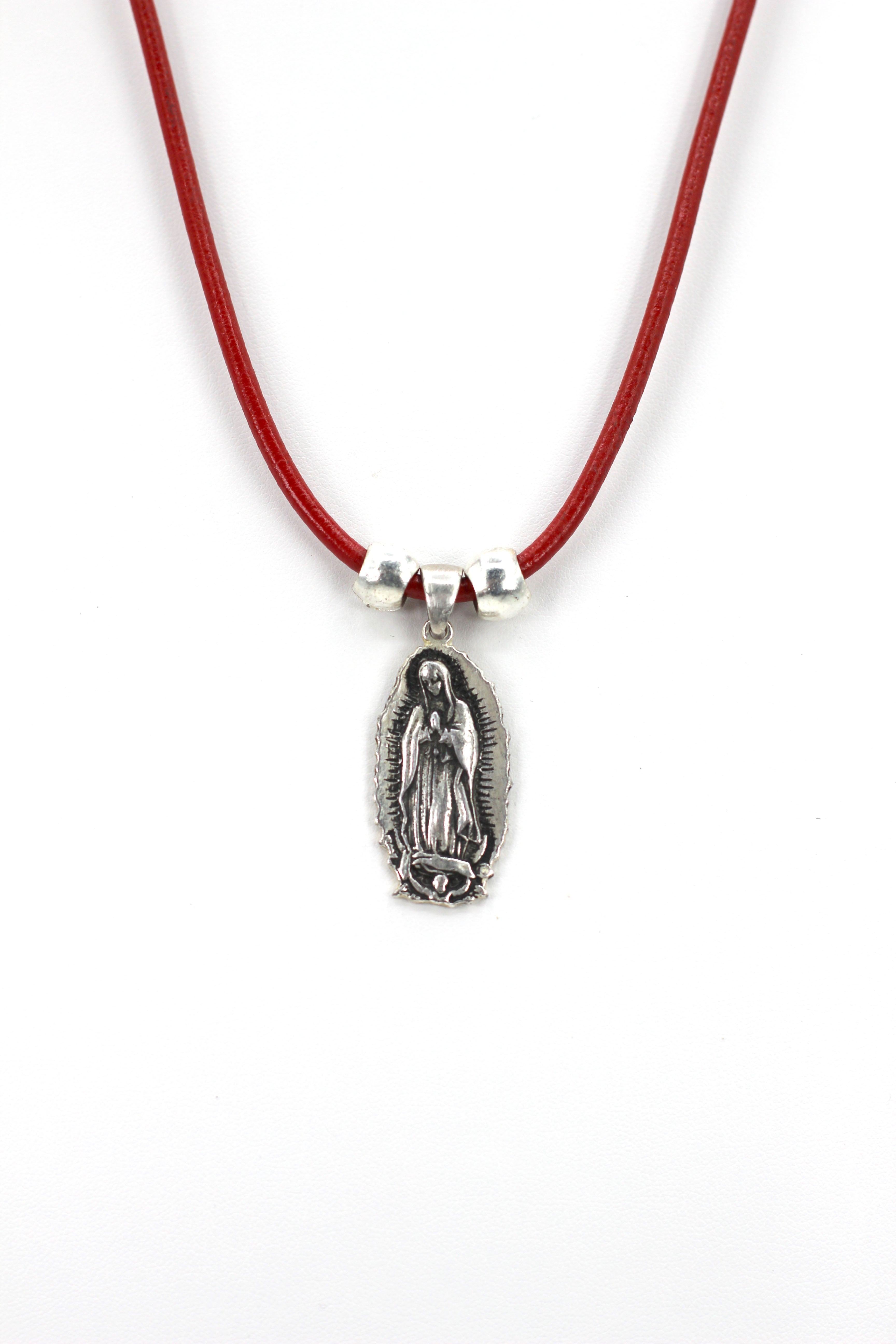 Vintage Necklace of Our Lady Of Guadalupe - Nuestra Sra de Guadalupe Oval Shape Jewelry with Genuine Leather strap by Graciela's Collection