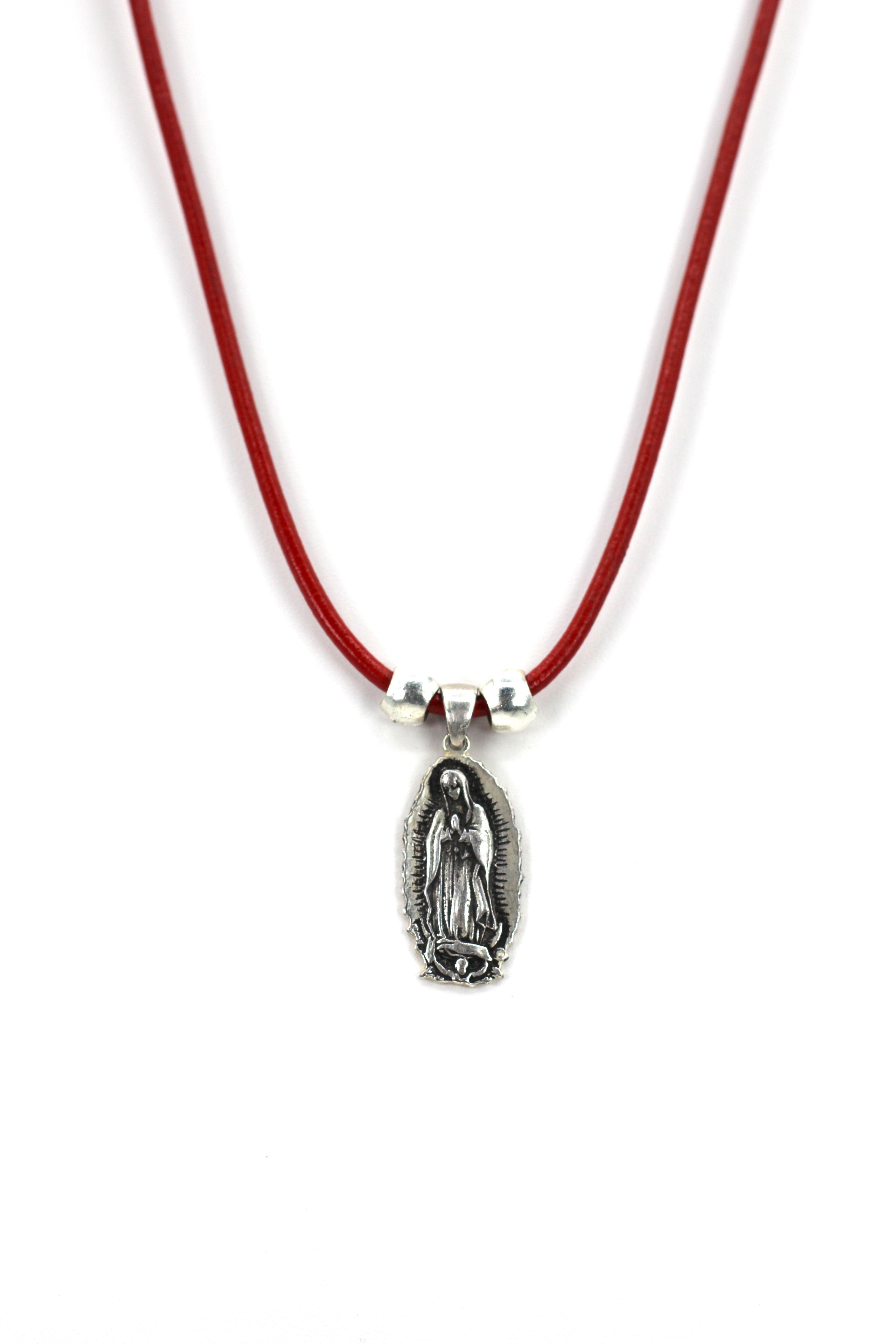 Vintage Necklace of Our Lady Of Guadalupe - Nuestra Sra de Guadalupe Oval Shape Jewelry with Genuine Leather strap by Graciela's Collection