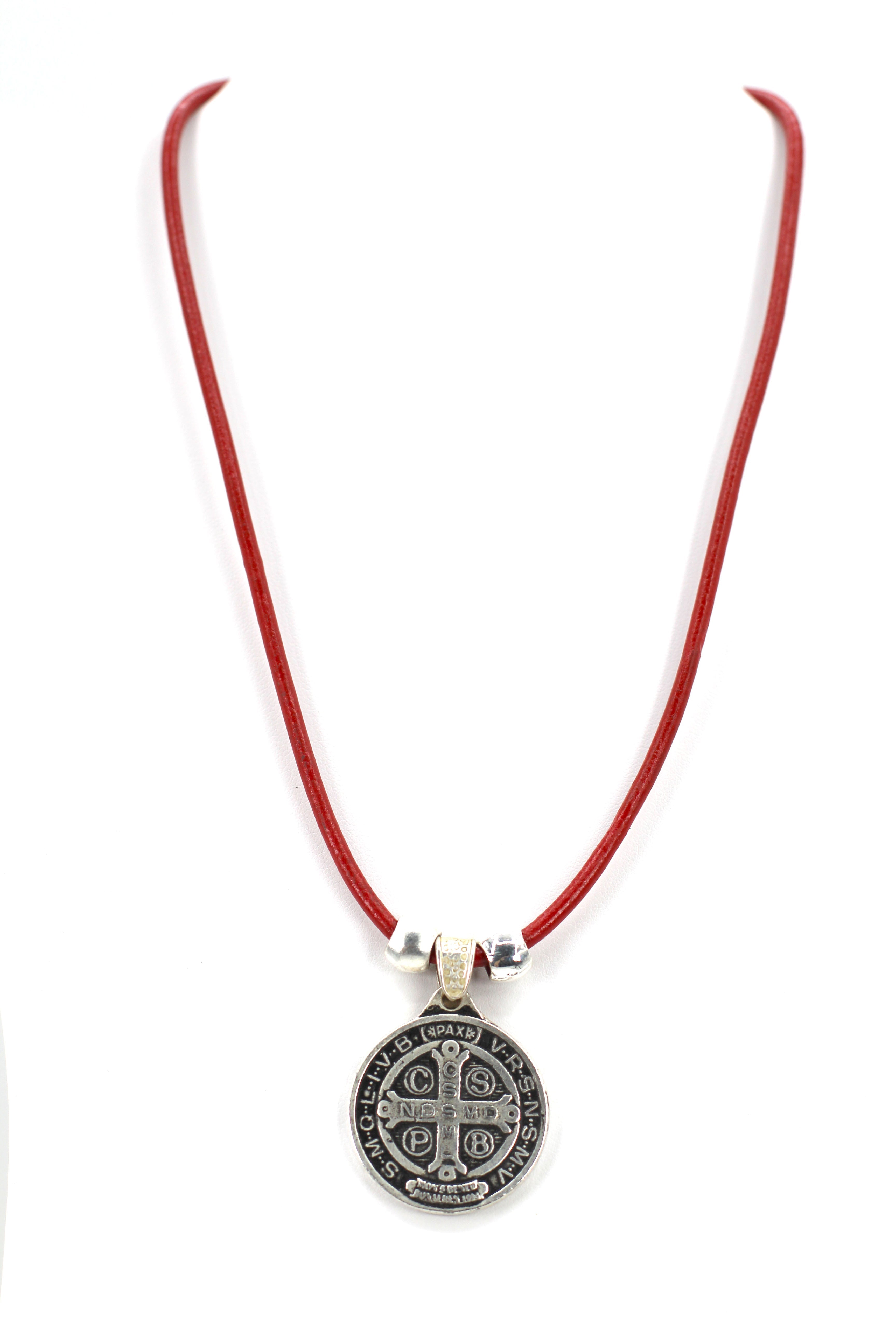 Vintage Necklace of Saint Benedict Handmade Jewelry with Genuine Leather and Reversible strap by Graciela's Collection