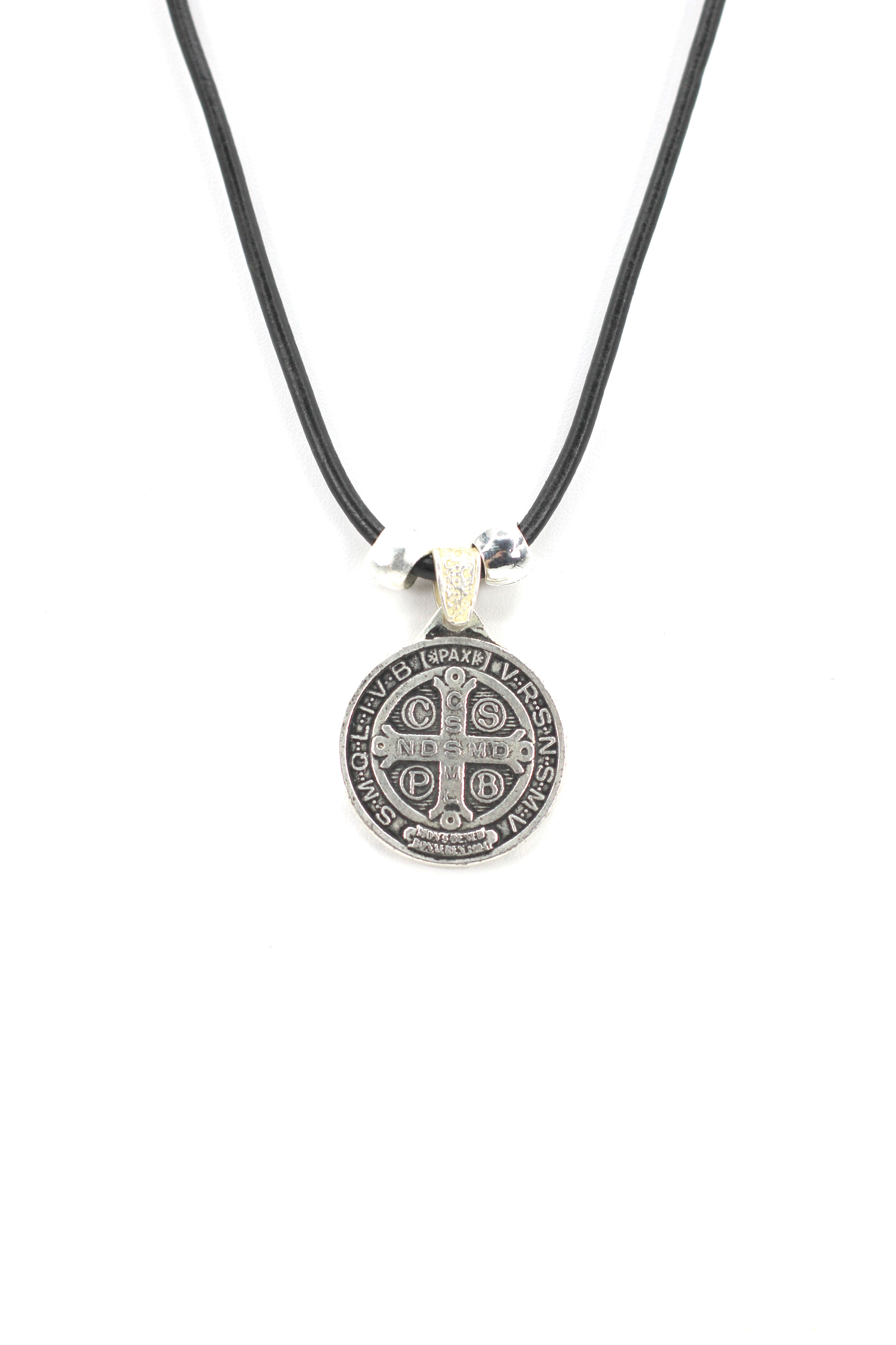 Vintage Necklace of Saint Benedict Handmade Jewelry with Genuine Leather and Reversible strap by Graciela's Collection