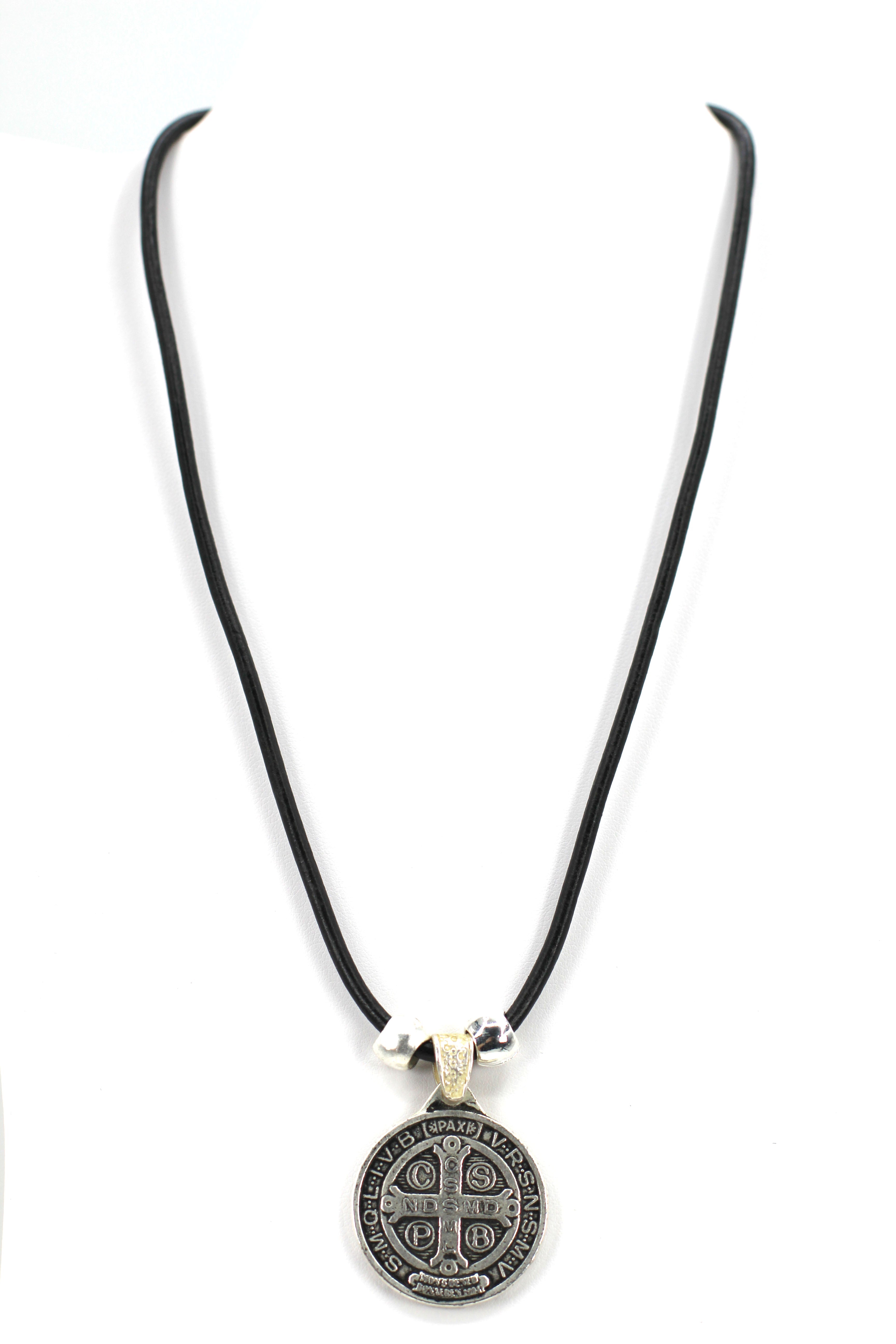 Vintage Necklace of Saint Benedict Handmade Jewelry with Genuine Leather and Reversible strap by Graciela's Collection