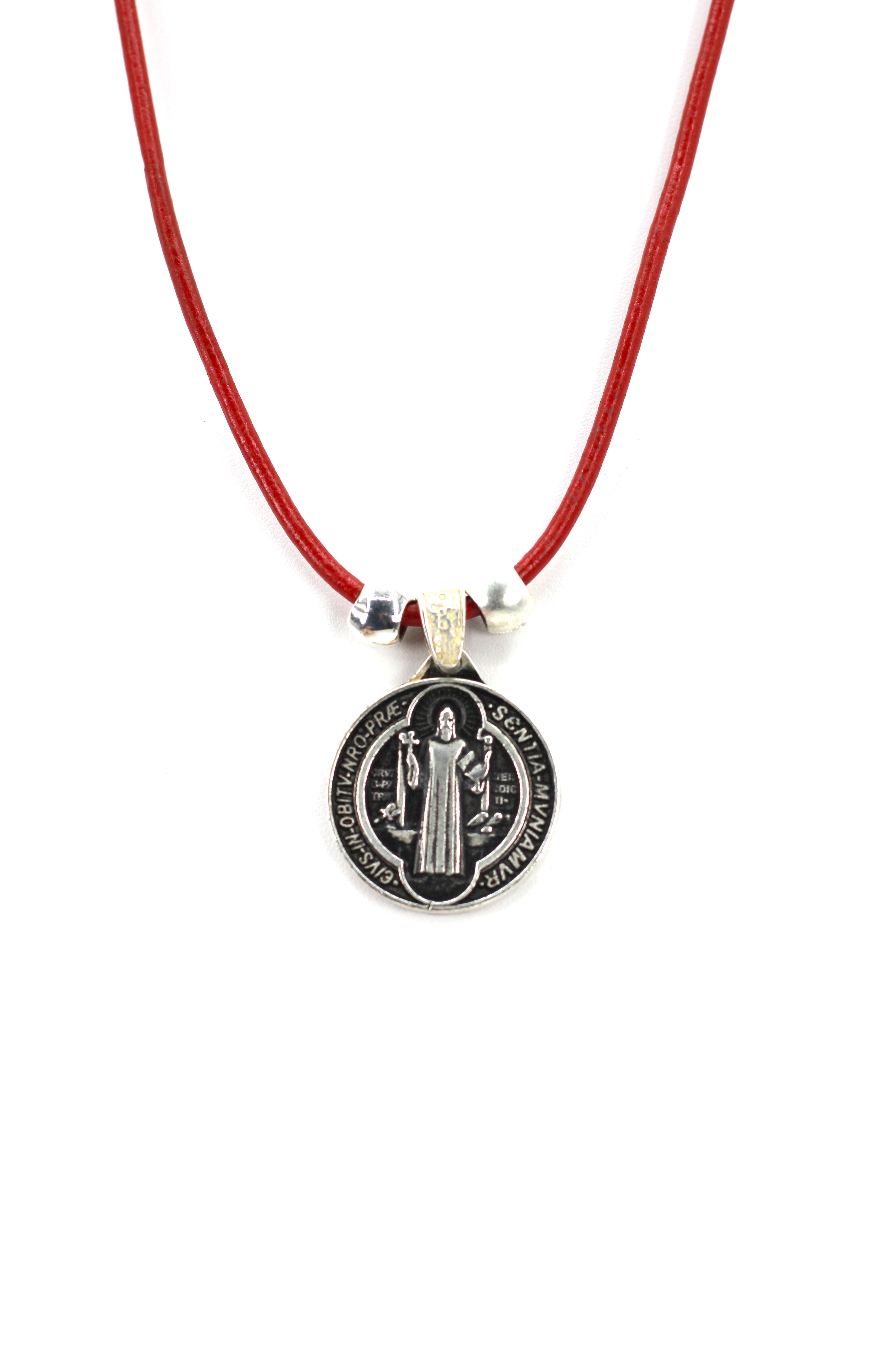 Vintage Necklace of Saint Benedict Handmade Jewelry with Genuine Leather and Reversible strap by Graciela's Collection