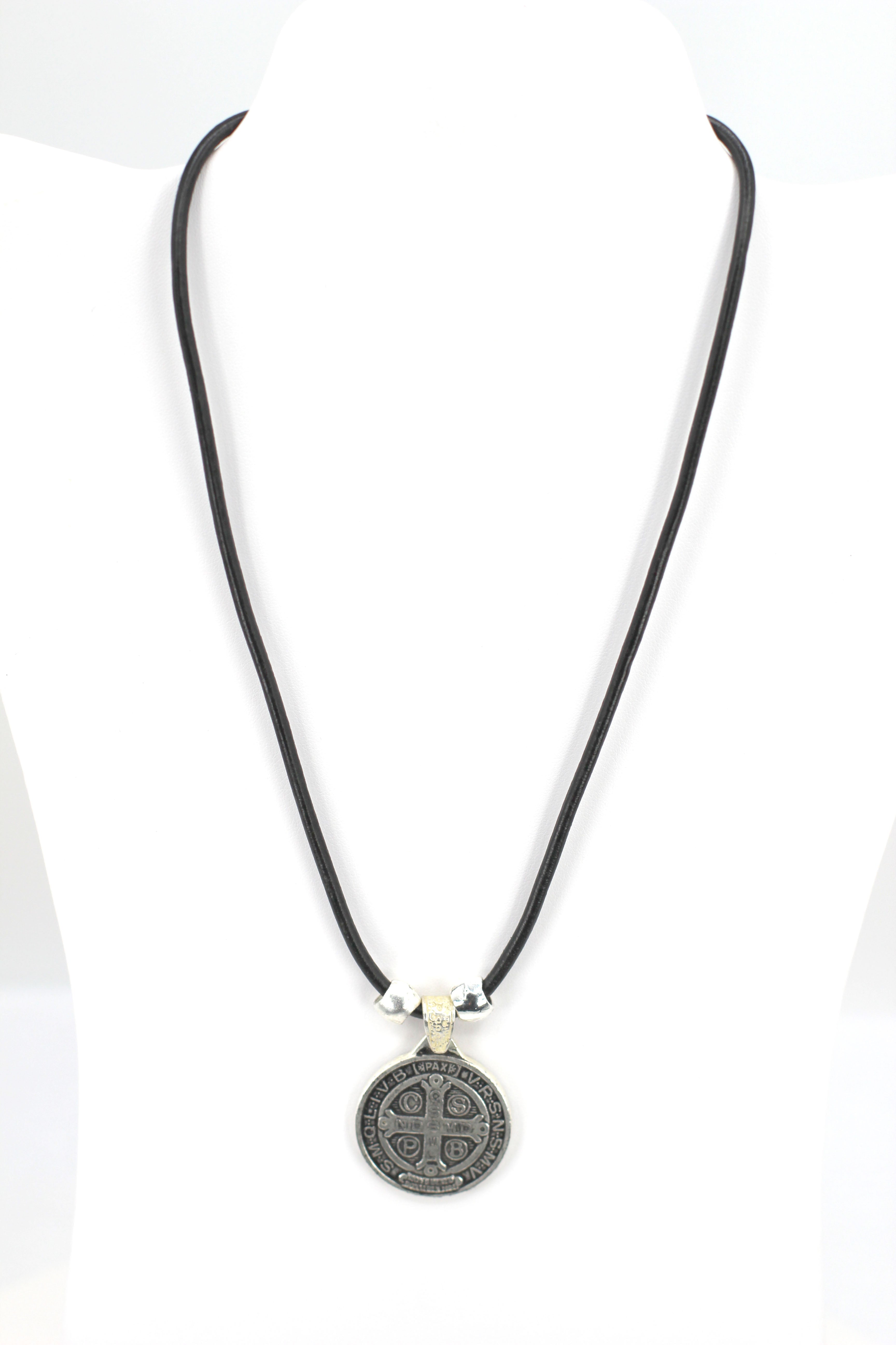 Vintage Necklace of Saint Benedict Handmade Jewelry with Genuine Leather and Reversible strap by Graciela's Collection