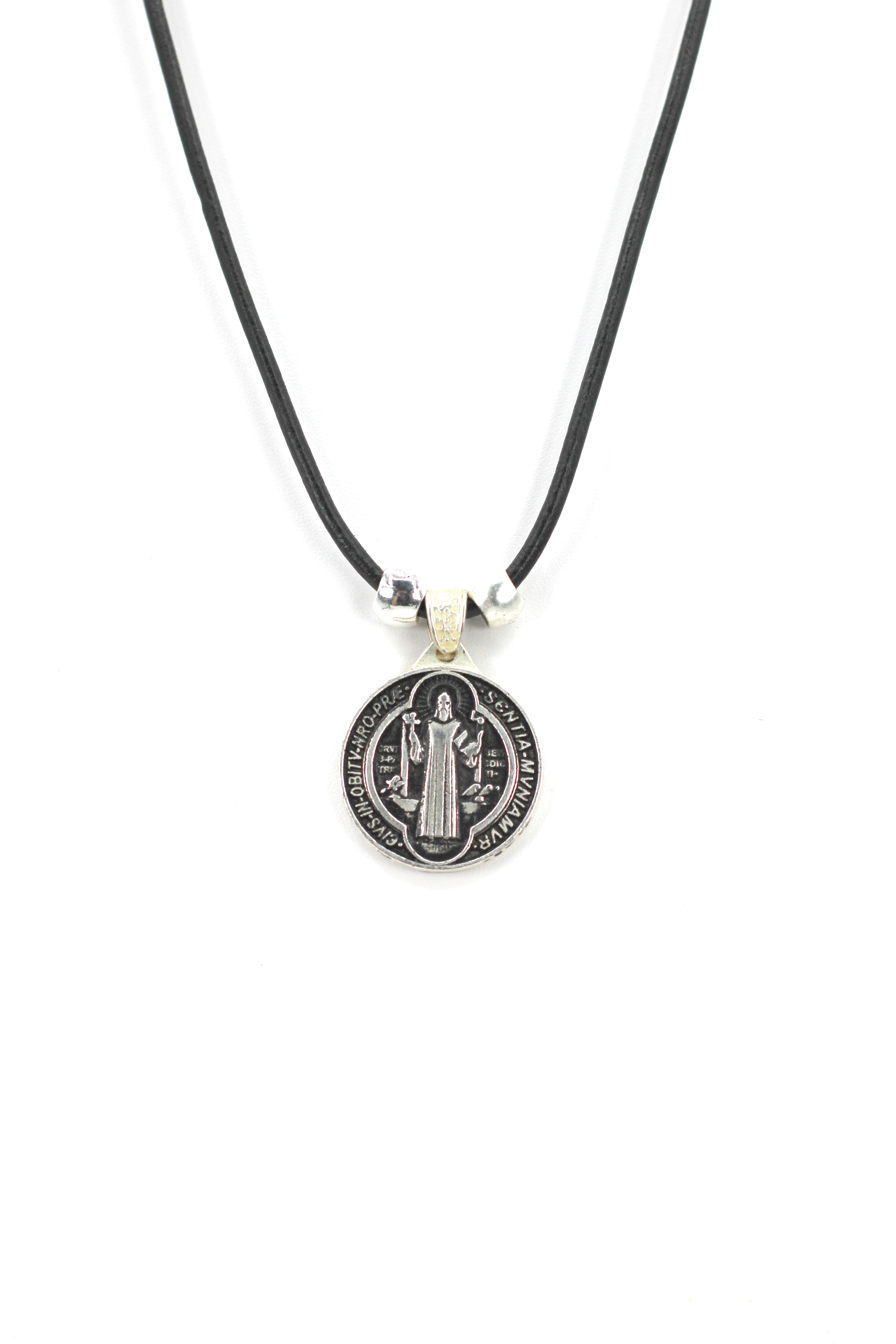 Vintage Necklace of Saint Benedict Handmade Jewelry with Genuine Leather and Reversible strap by Graciela's Collection