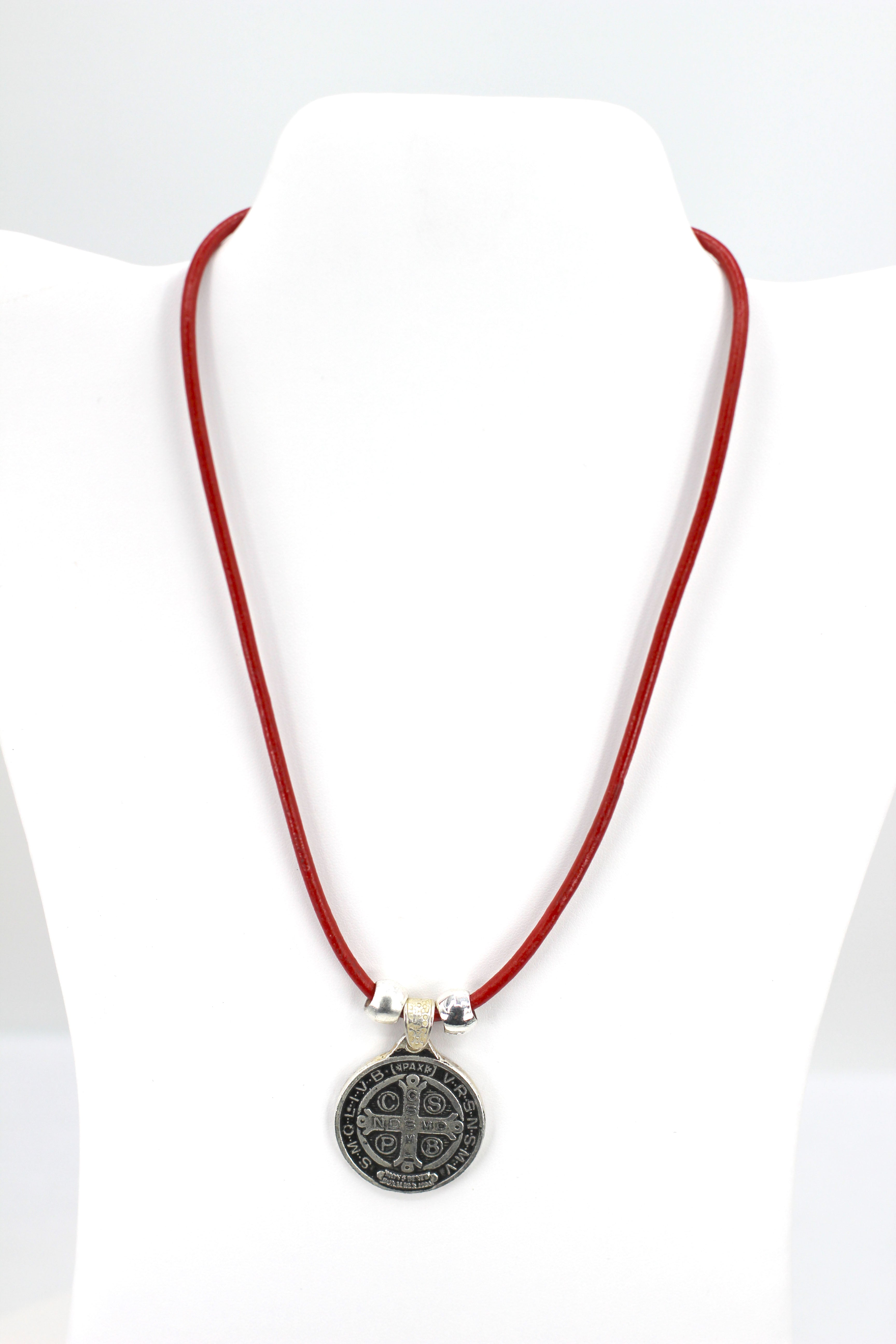 Vintage Necklace of Saint Benedict Handmade Jewelry with Genuine Leather and Reversible strap by Graciela's Collection