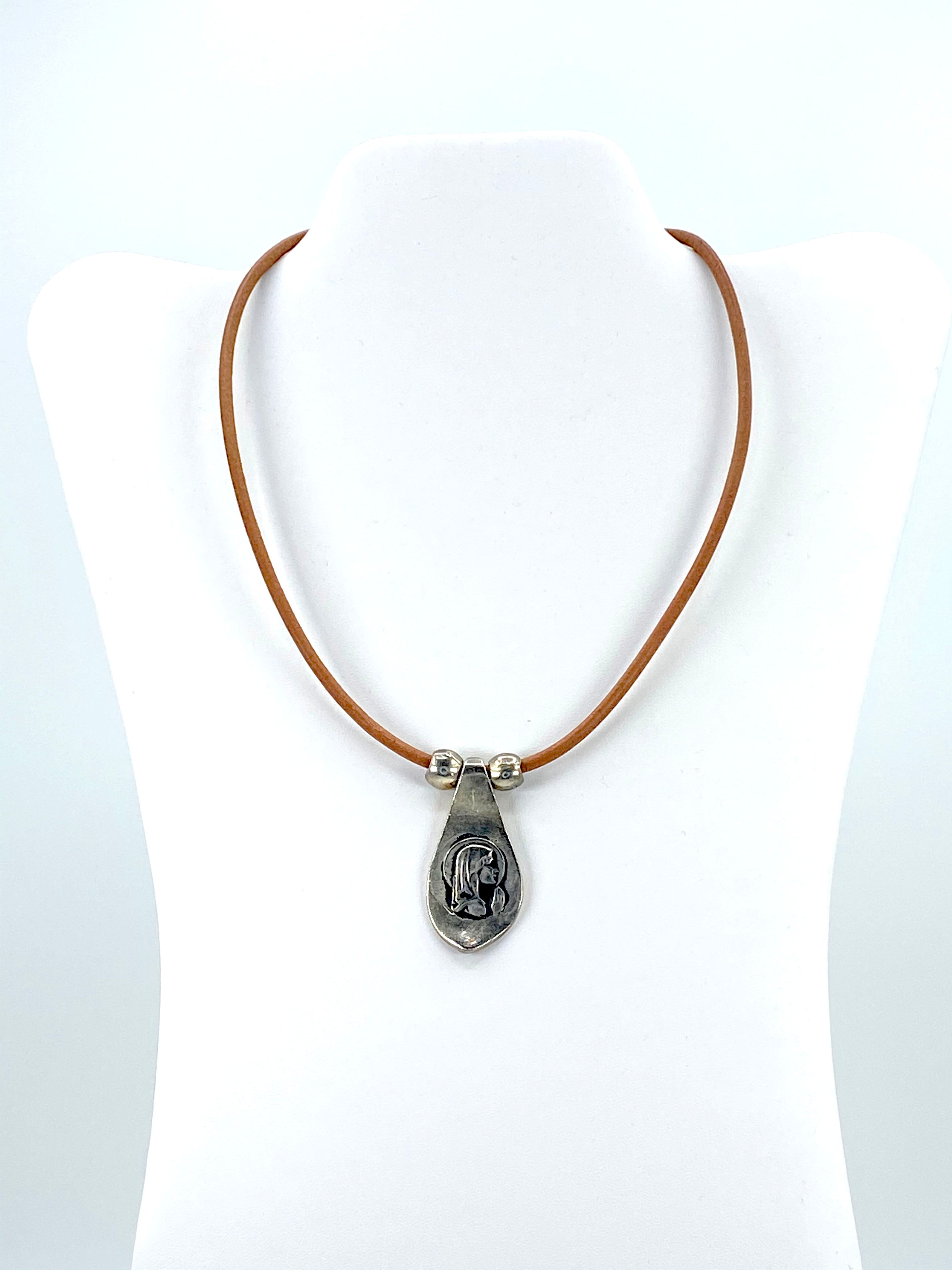 Vintage Virgin Mary Necklace  Handmade Jewelry with Genuine Leather Straps by Graciela's Collection