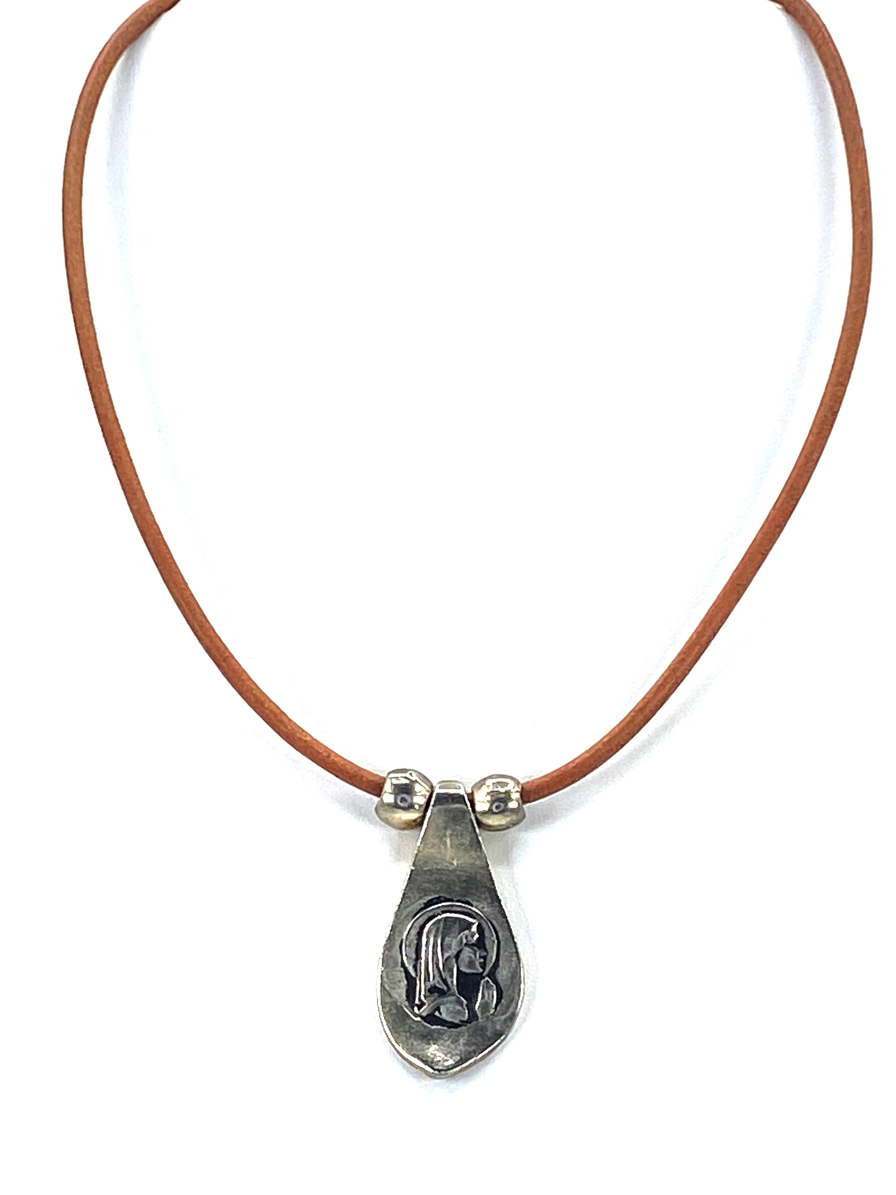 Vintage Virgin Mary Necklace  Handmade Jewelry with Genuine Leather Straps by Graciela's Collection