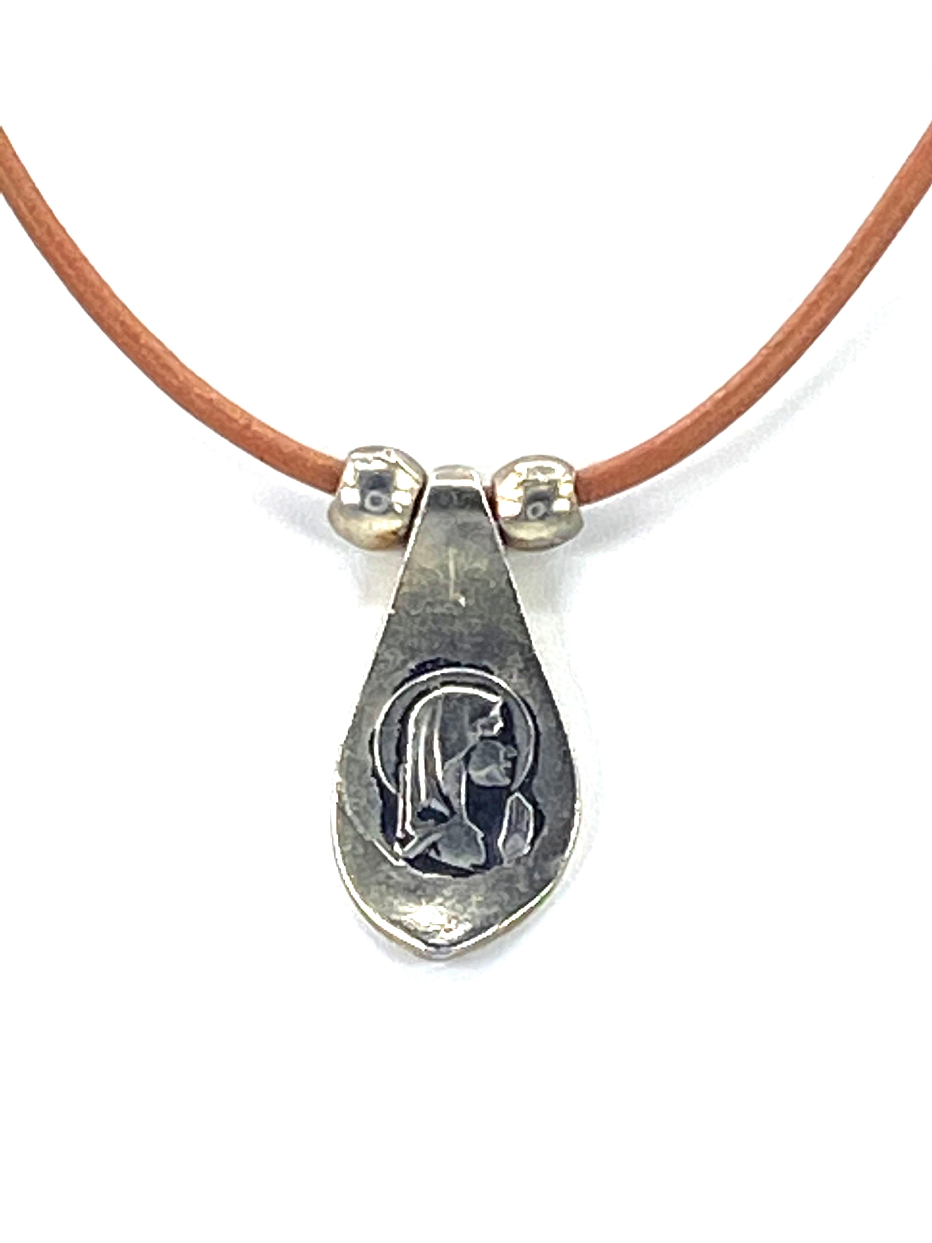 Vintage Virgin Mary Necklace  Handmade Jewelry with Genuine Leather Straps by Graciela's Collection
