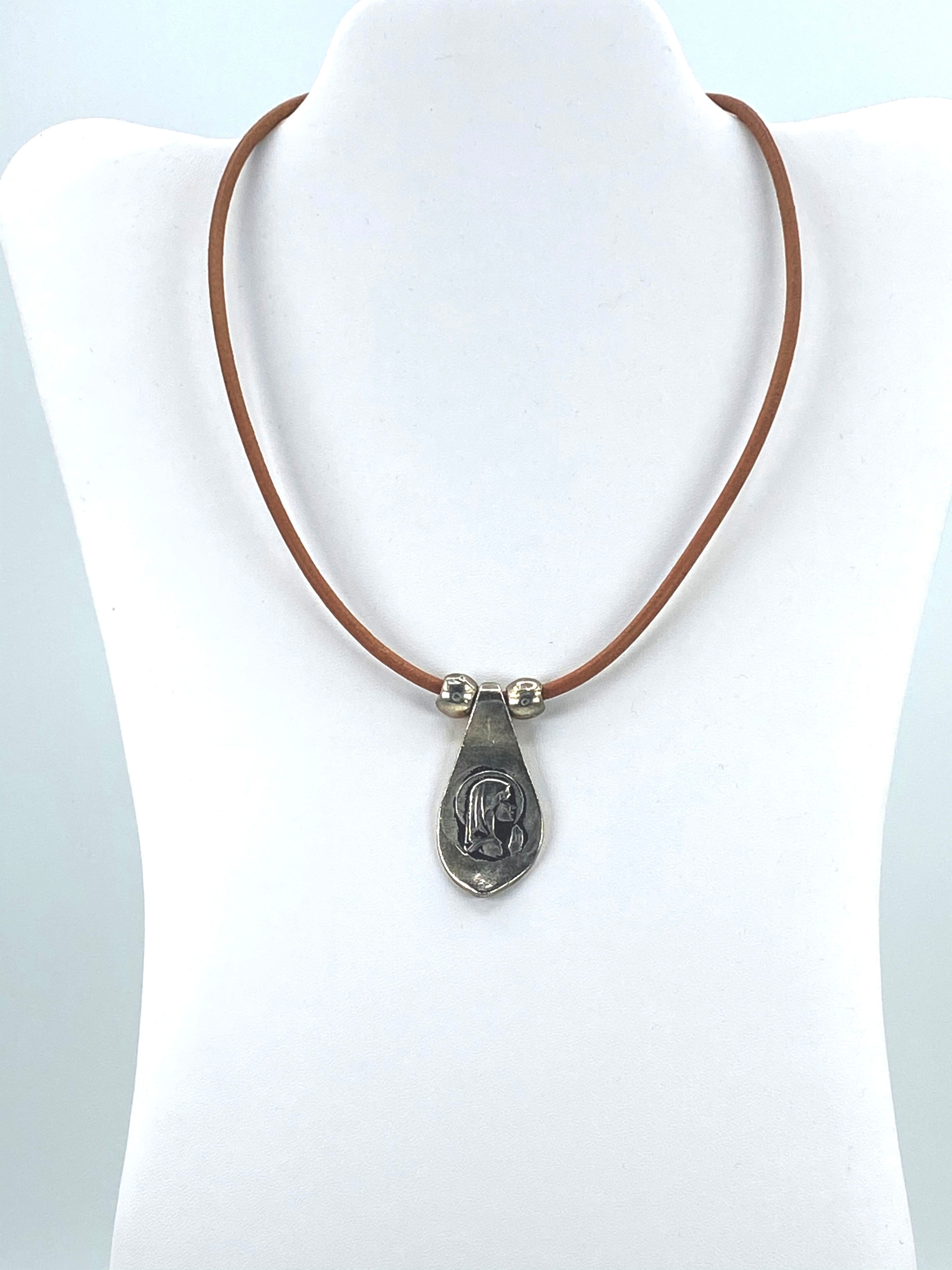 Vintage Virgin Mary Necklace  Handmade Jewelry with Genuine Leather Straps by Graciela's Collection