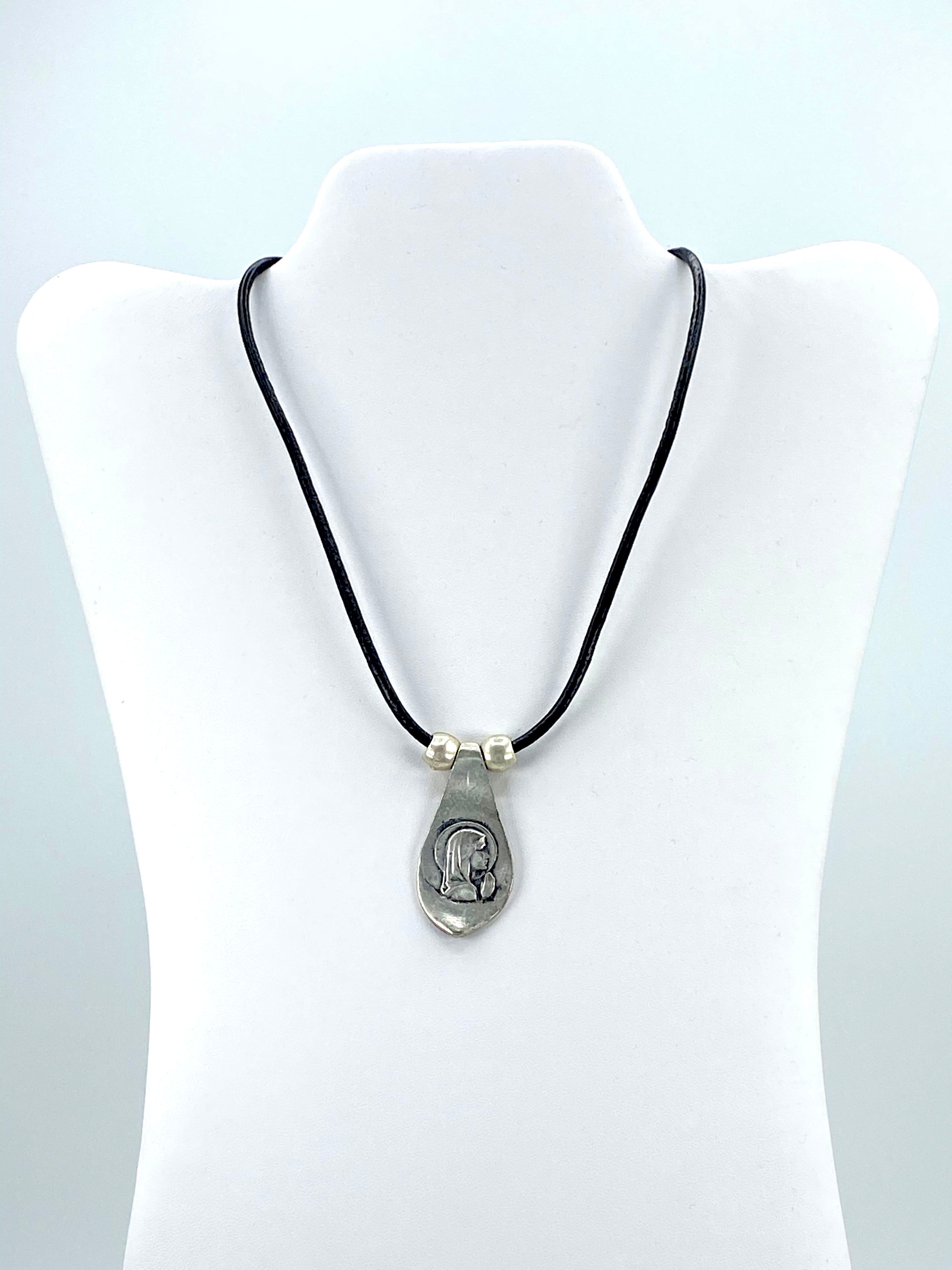 Vintage Virgin Mary Necklace  Handmade Jewelry with Genuine Leather Straps by Graciela's Collection