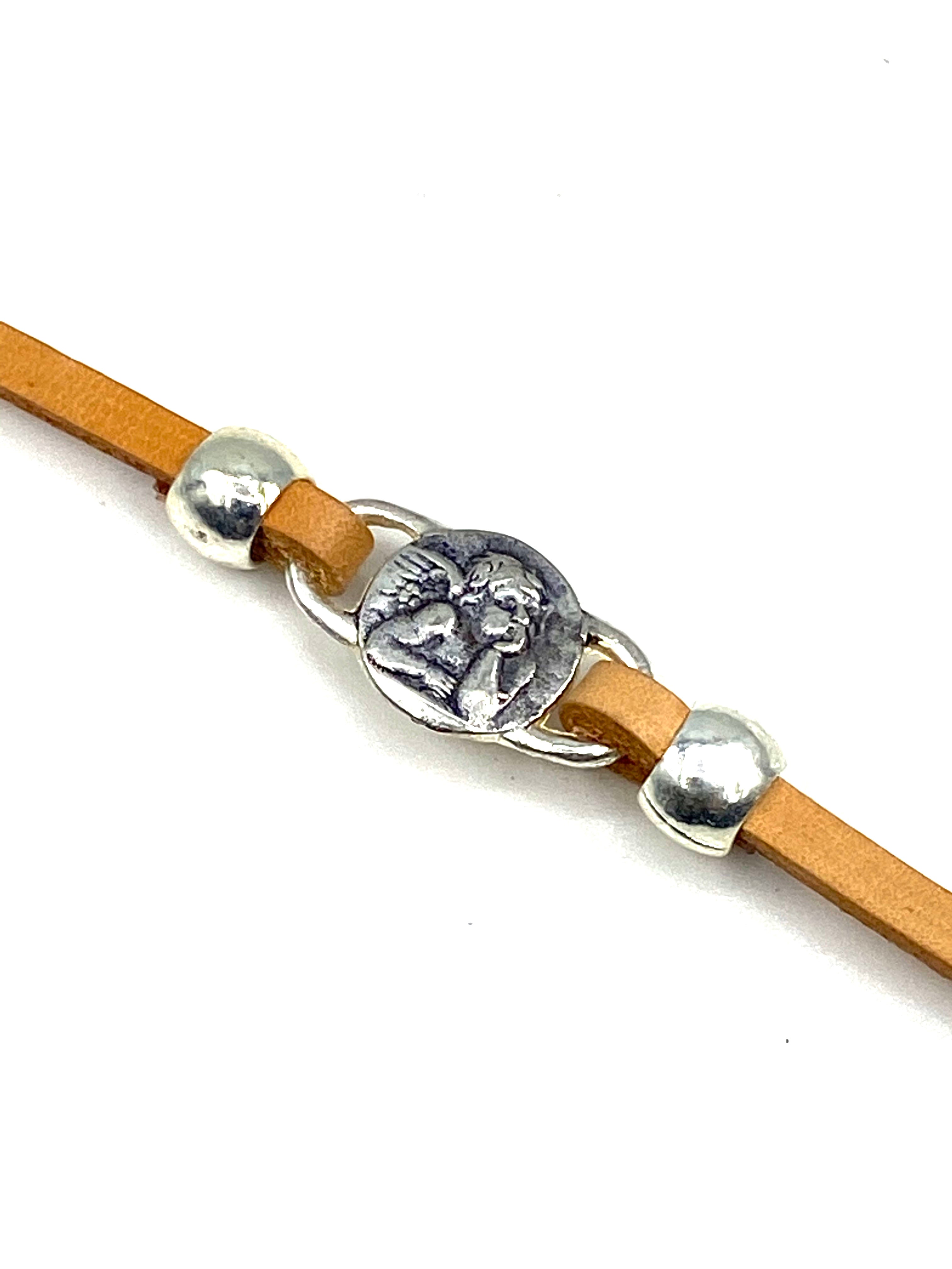 Bracelet of The Guardian Angel  handmade jewelry with Leather Straps by Graciela's Collection