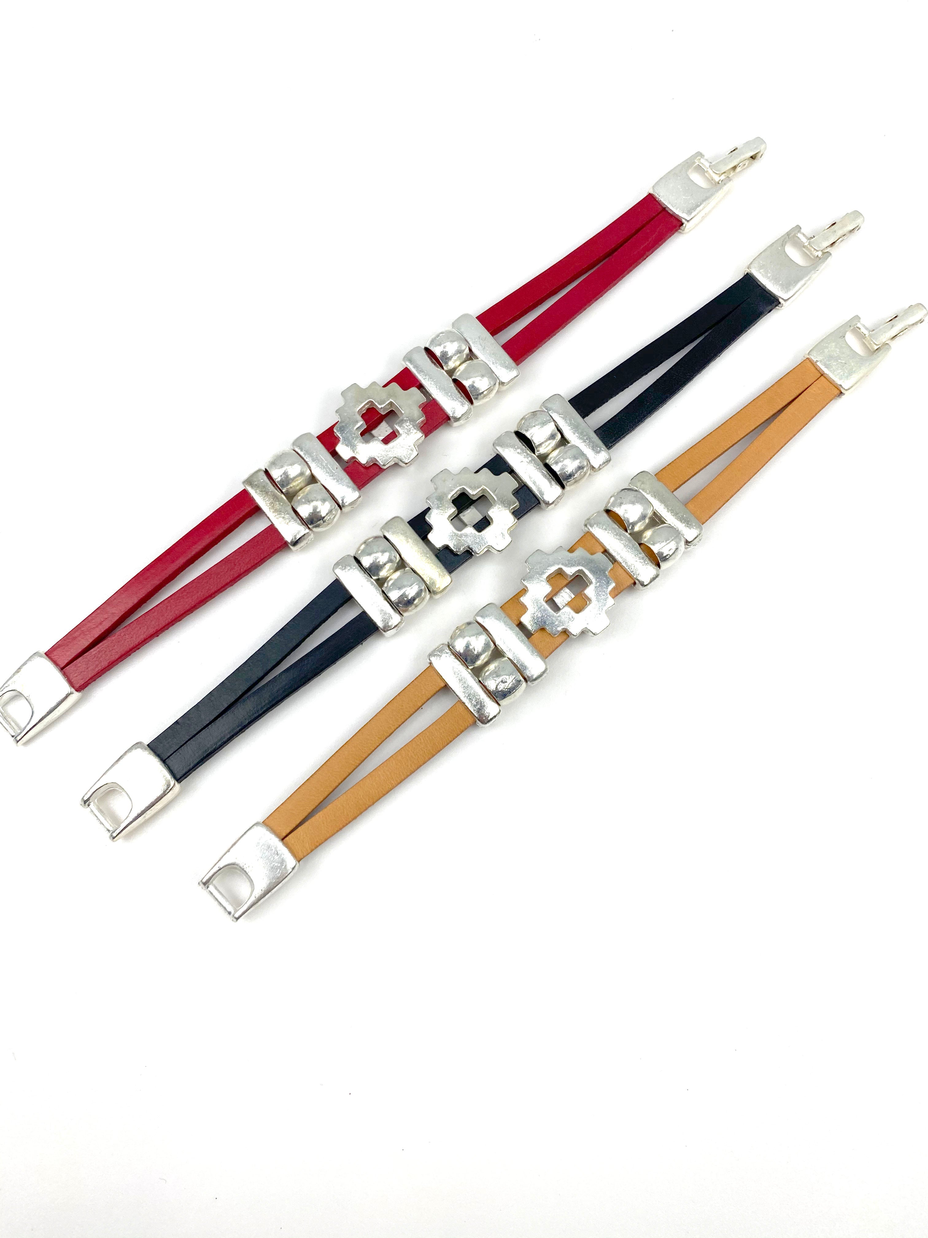 Vintage Cross bracelet handmade jewelry with Genuine Double Leather Straps by Graciela's Collection