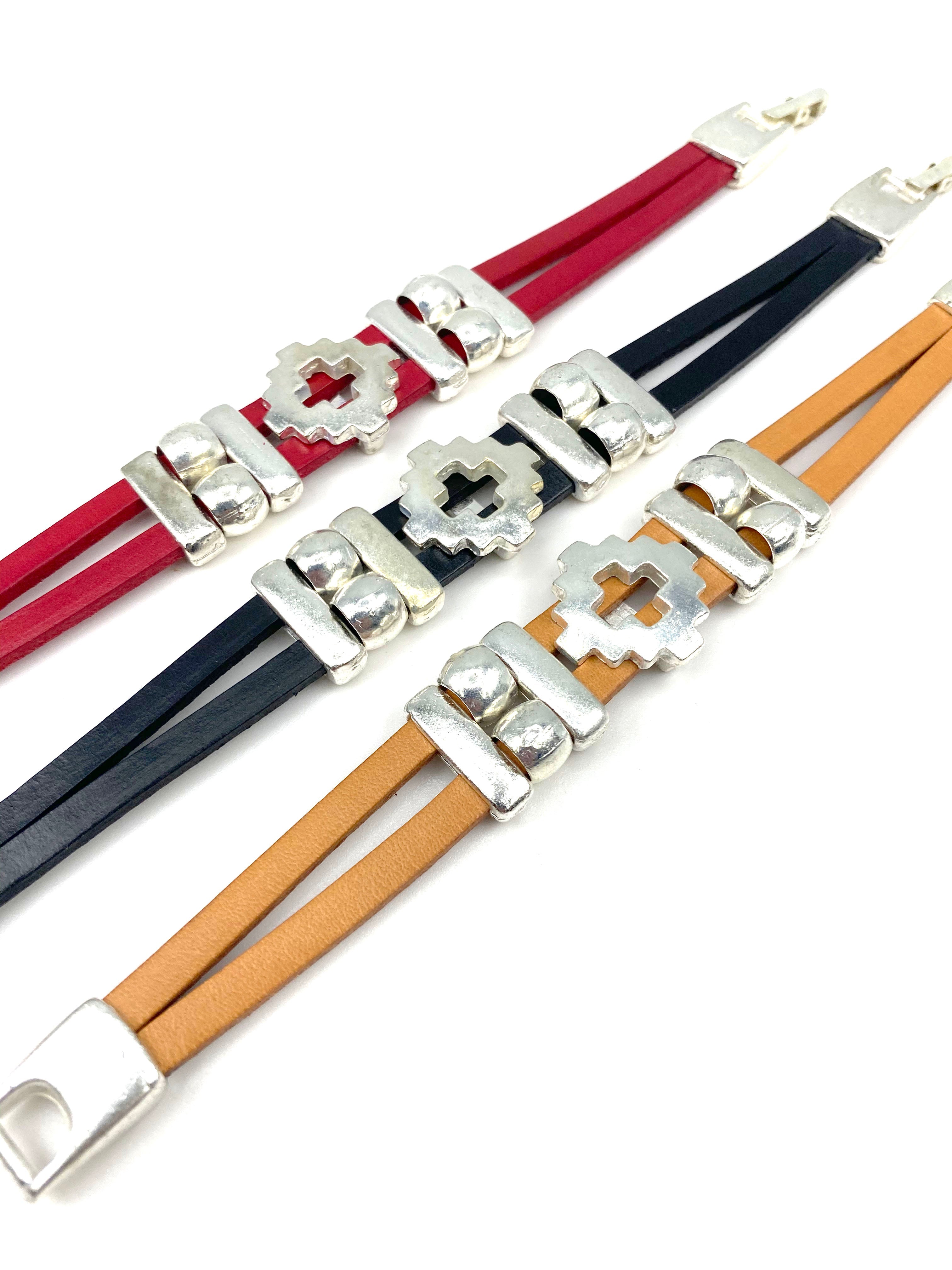 Vintage Cross bracelet handmade jewelry with Genuine Double Leather Straps by Graciela's Collection