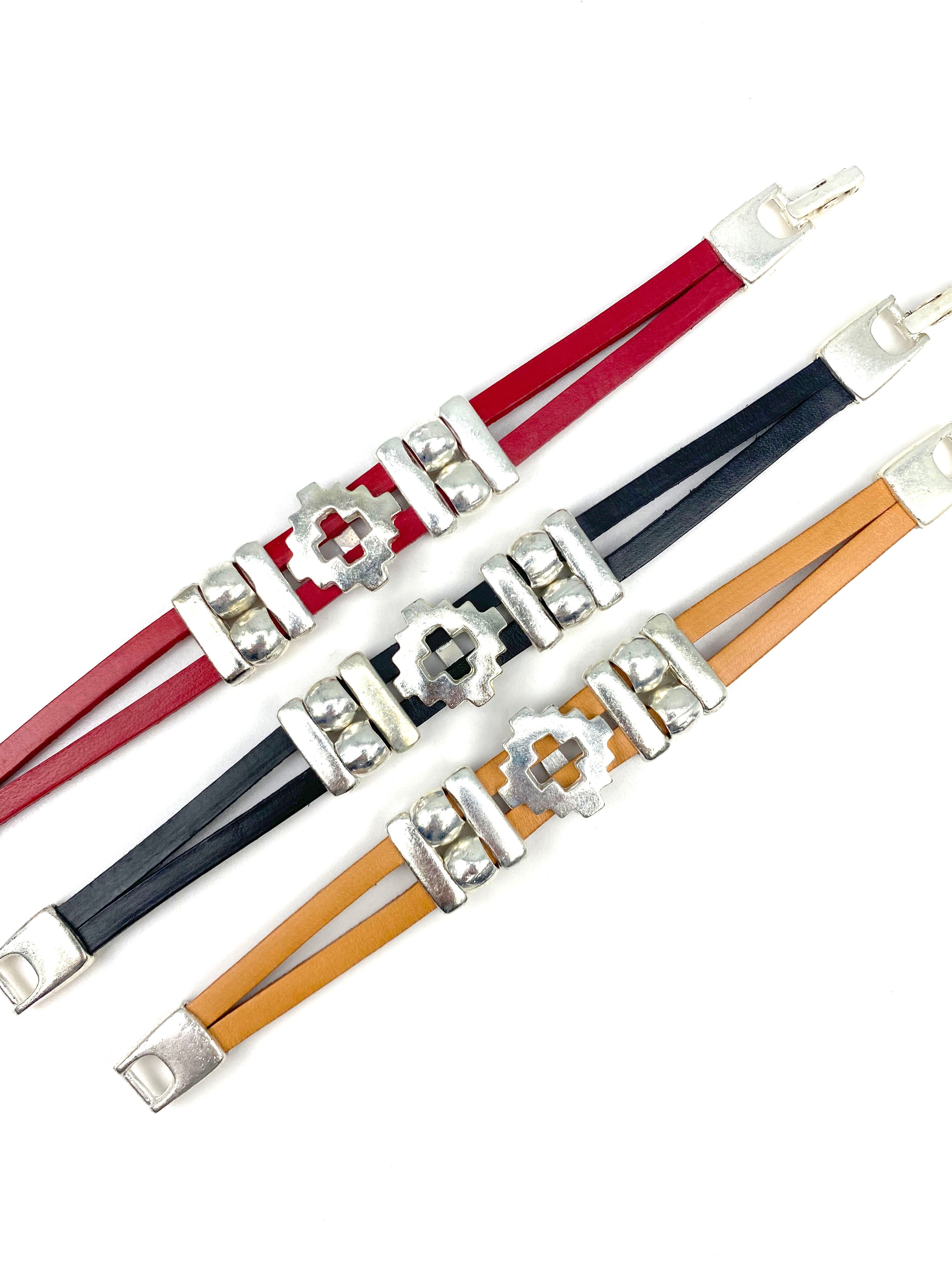 Vintage Cross bracelet handmade jewelry with Genuine Double Leather Straps by Graciela's Collection