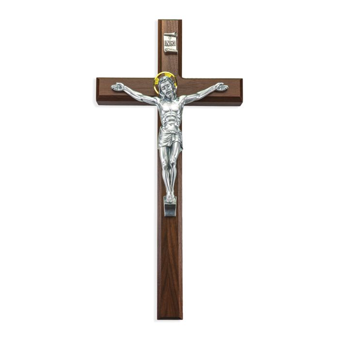 15" Heirloom Quality Walnut Cross with Silver Plated Corpus