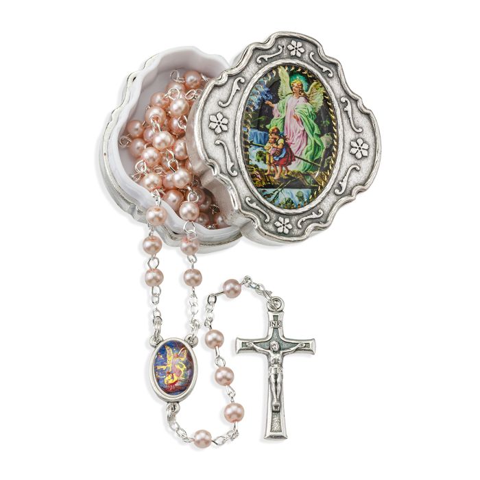 Pink Glass Bead Guardian Angel Rosary in a Metal Box