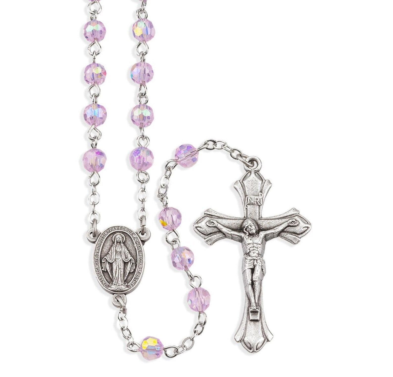 Tin Cut Pink Aurora Borealis New England Pewter Rosary